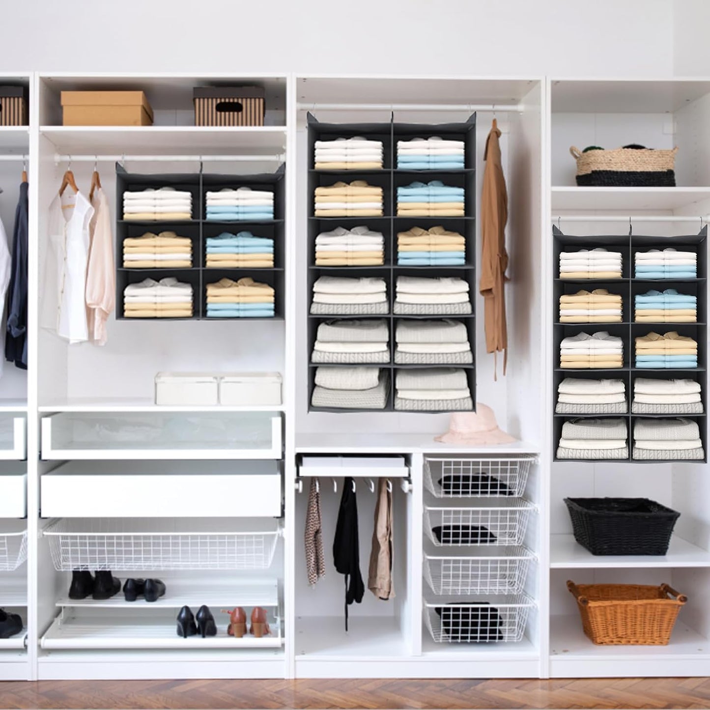 5 Tier Shelf Hanging Closet Organizer, Dual-Row 10 Pocket Cloth Hanging Shelf with 3 Sturdy Hooks for Storage, Foldable (Grey)