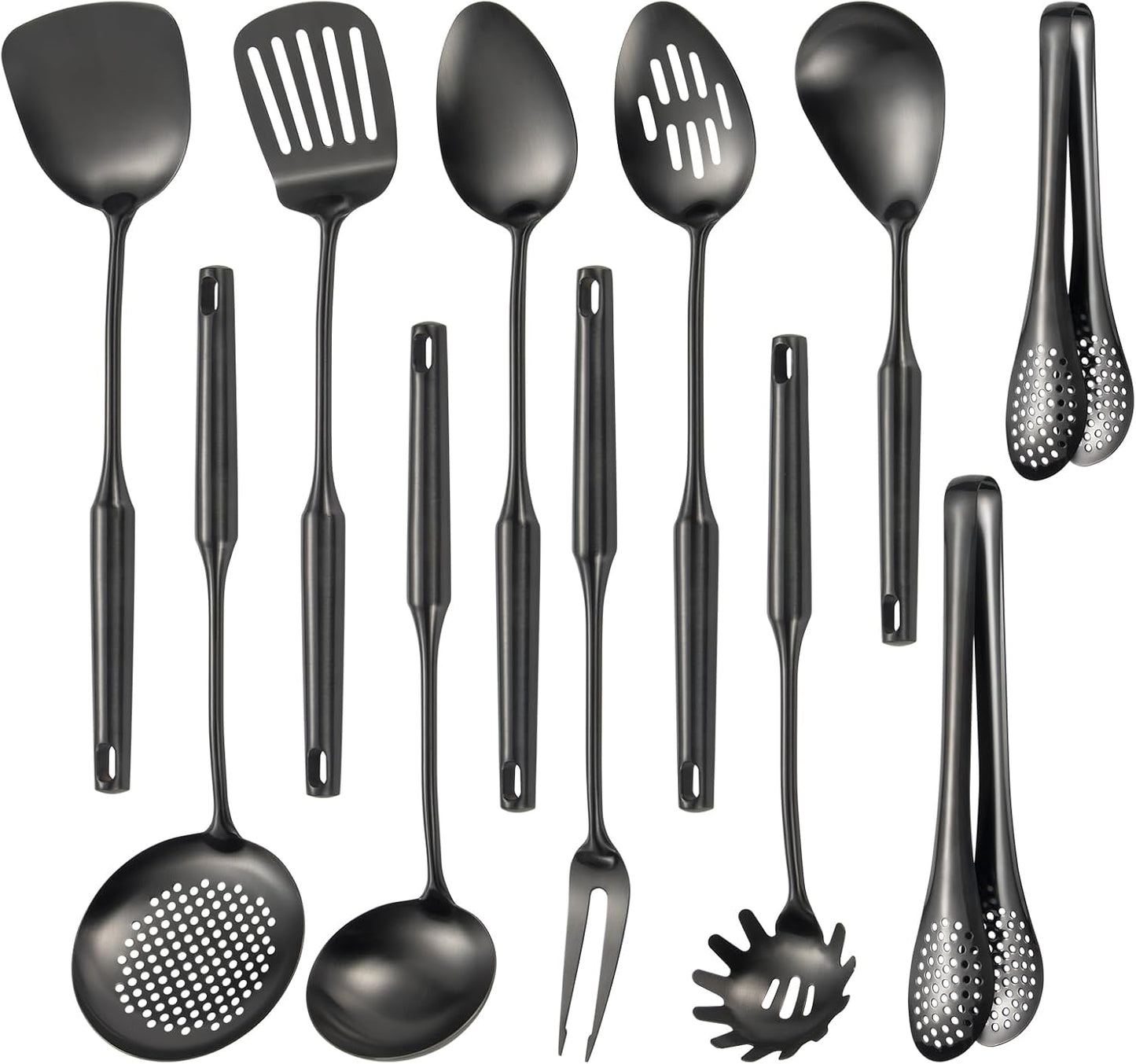 304 Stainlss Steel Matte Kitchen Utensils Set, 11 Pcs Long Metal Cooking Utensil Gadgets Tools Set with Spatula, Ladle, Spoon, Ladle, Skimmer, Tunner, Pasta Server, Tongs(Black, Dishwasher Safe)