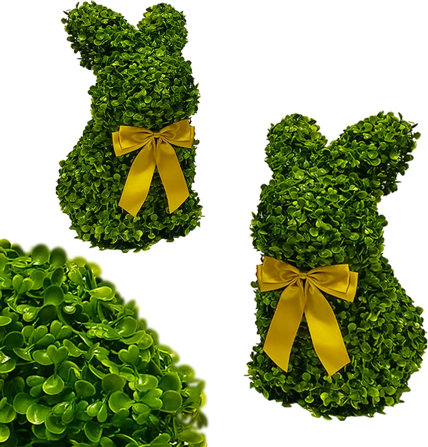 2 Pcs Artificial Bunny Shaped Topiary Trees, Artificial Green Boxwood Bunny Decorations with Gold Bow, Perfect for Indoor & Outdoor Front Porch, Easter& Garden Decor (Bunny Tree Without Base)