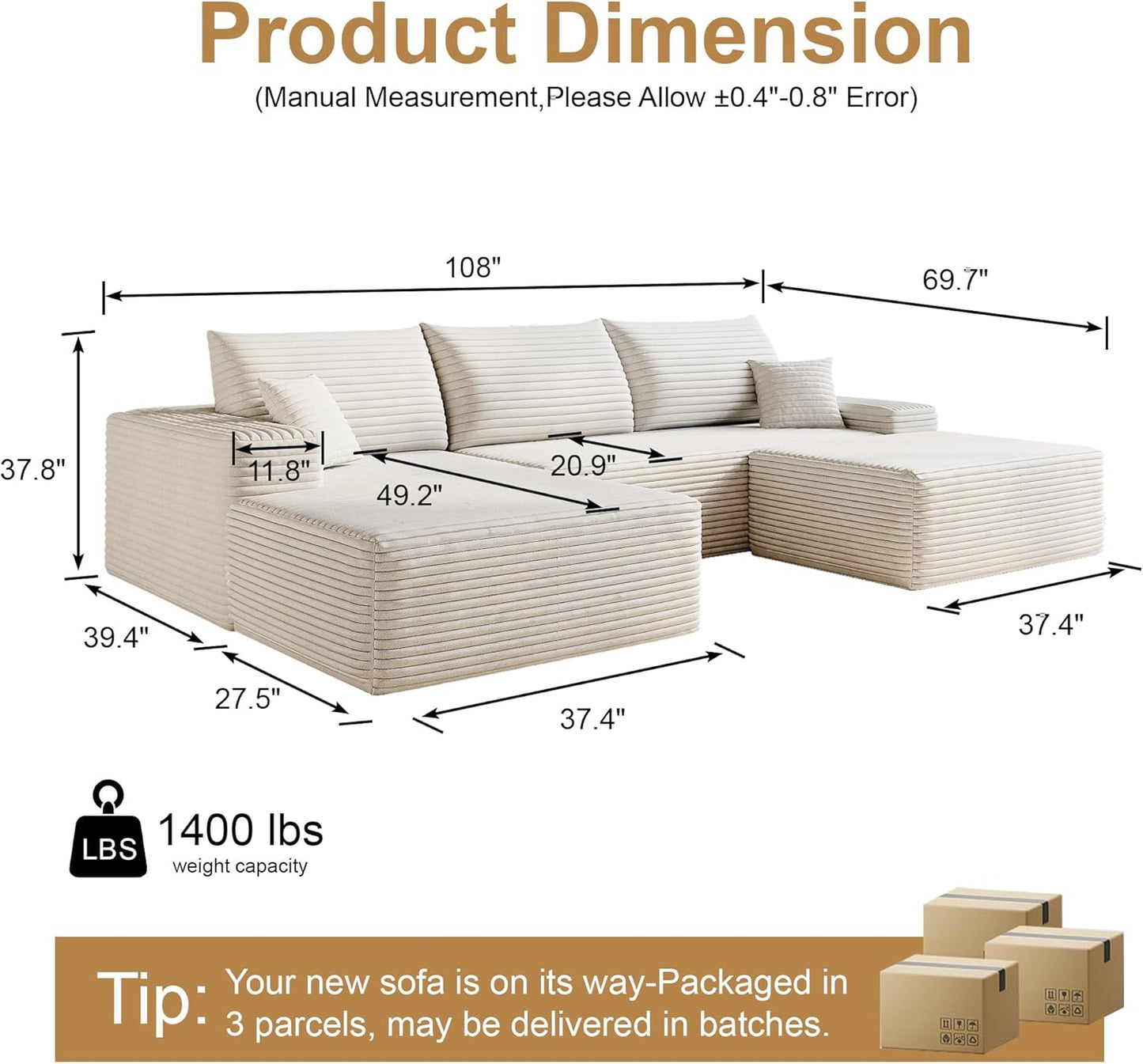 108" Sectional Couches for Living Room Modern Modular Sofa with L-Shape Couchs Upholstered Boneless Couch Deep Seat Sectional Couch with Chaise (White, Left Facing Chaise+2Seaters+1Ottoman)