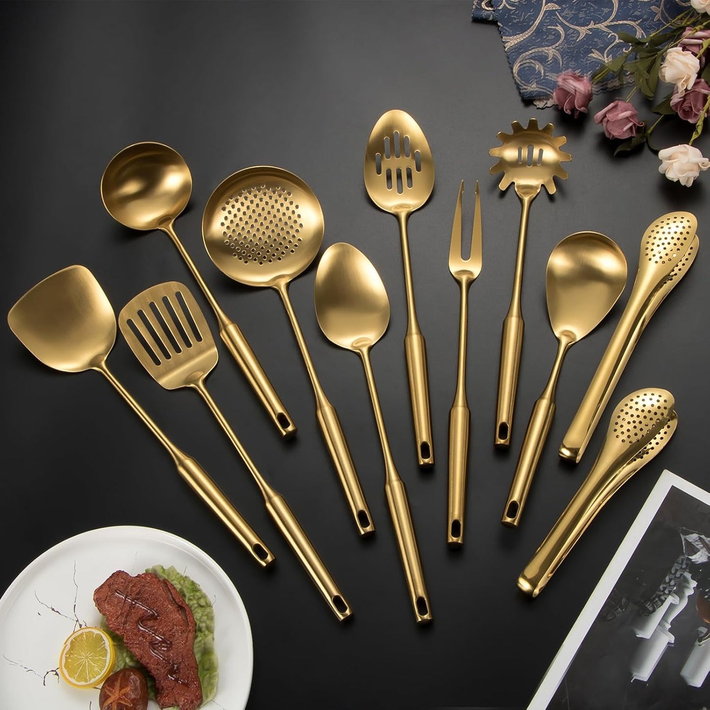 304 Stainlss Steel Matte Kitchen Utensils Set, 11 Pcs Long Metal Cooking Utensil Gadgets Tools Set with Spatula, Spoon, Ladle, Skimmer, Tunner, Pasta Server, Tongs(Gold, Dishwasher Safe)