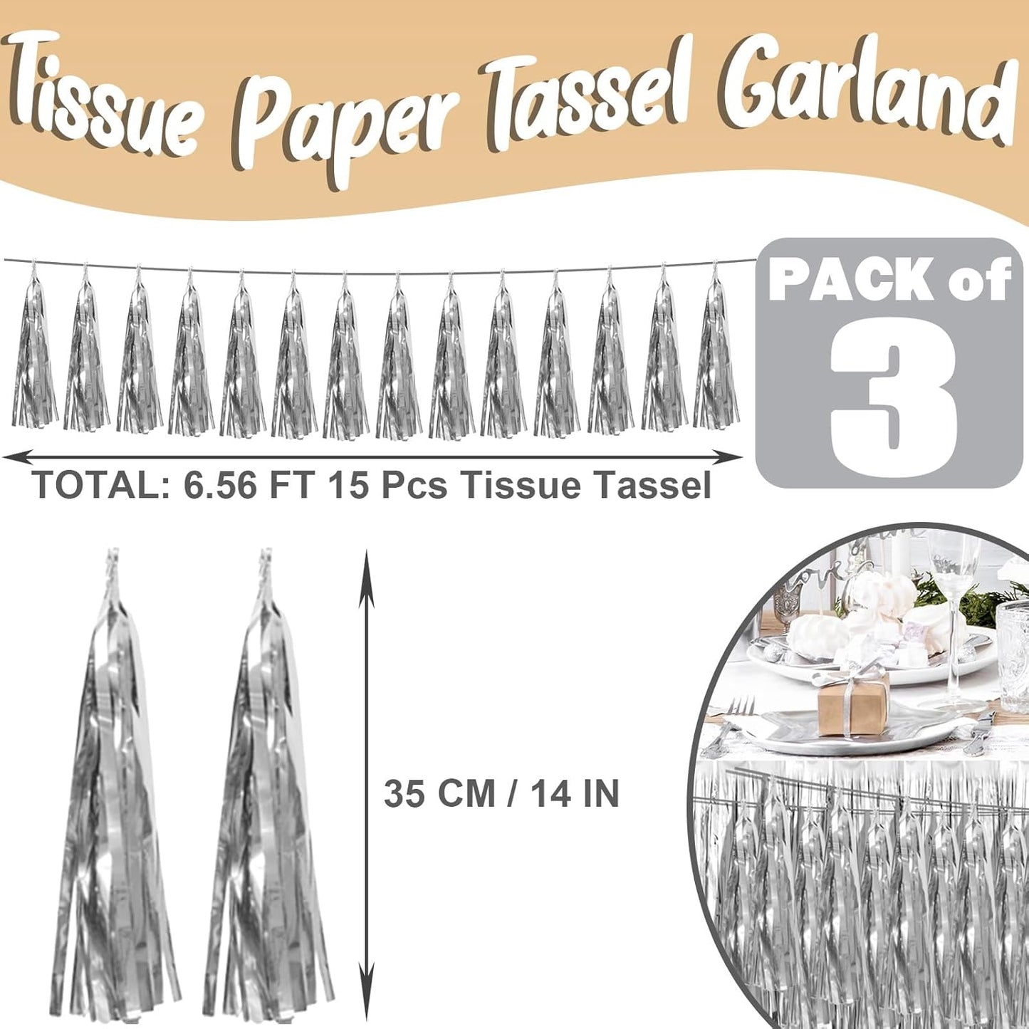 3P Silver Foil Fringe Metallic Tassel Streamers Banner Tassel Garland for Parade Floats, Bachelorette, Wedding, Birthday, Halloween, Christmas, Bridal/Baby Shower Party Decorations