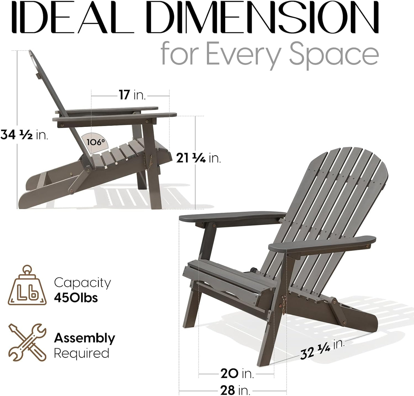 Idzo Outdoor Adirondack Chair Set of 2, Pre-Assembled Backrest, Patio Furniture Set, Outdoor Furniture for Garden, Porch, Deck, Firepit