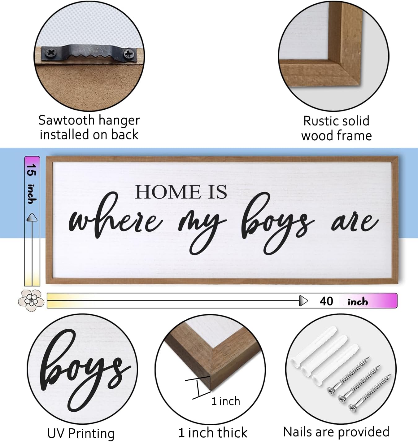 Home is Where My Boys are Sign Framed Wall Art, 40''×15'' Rustic Horizontal My Son Plaque with Natural Frame for Baby Kid Boy Son Teen Toddlers Room, Horizontal Mom of Boys Gifts Nursery Decor