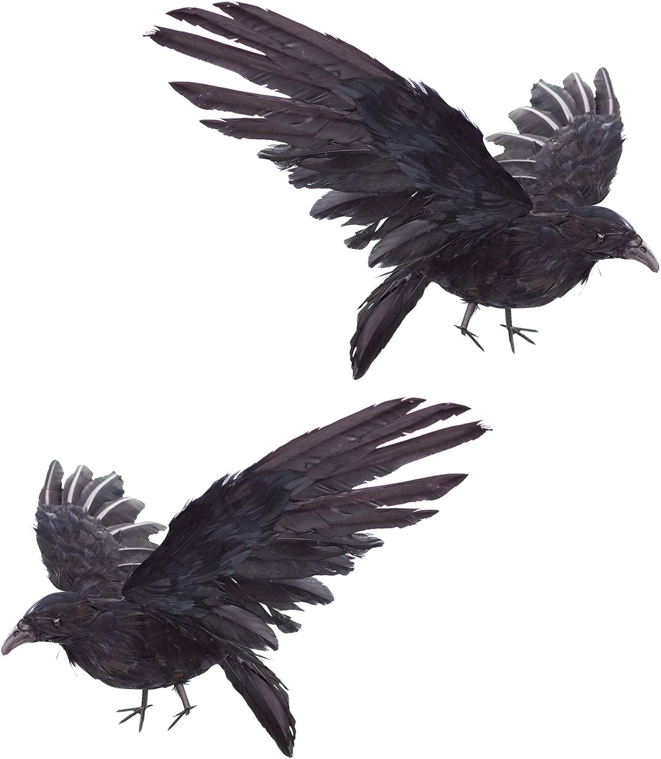 2-Pack Realistic Crows Lifesize Extra Large Handmade Black Feathered Crow for Halloween Decorations Birds, XL (15 inch+15 inch)