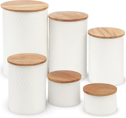 6 Canister Set for the Kitchen Countertop – Metal Food Storage Canisters with Airtight Lids for Flour, Tea, Crafts, Coffee, & Sugar – Container Set with Modern Wood Lids, White