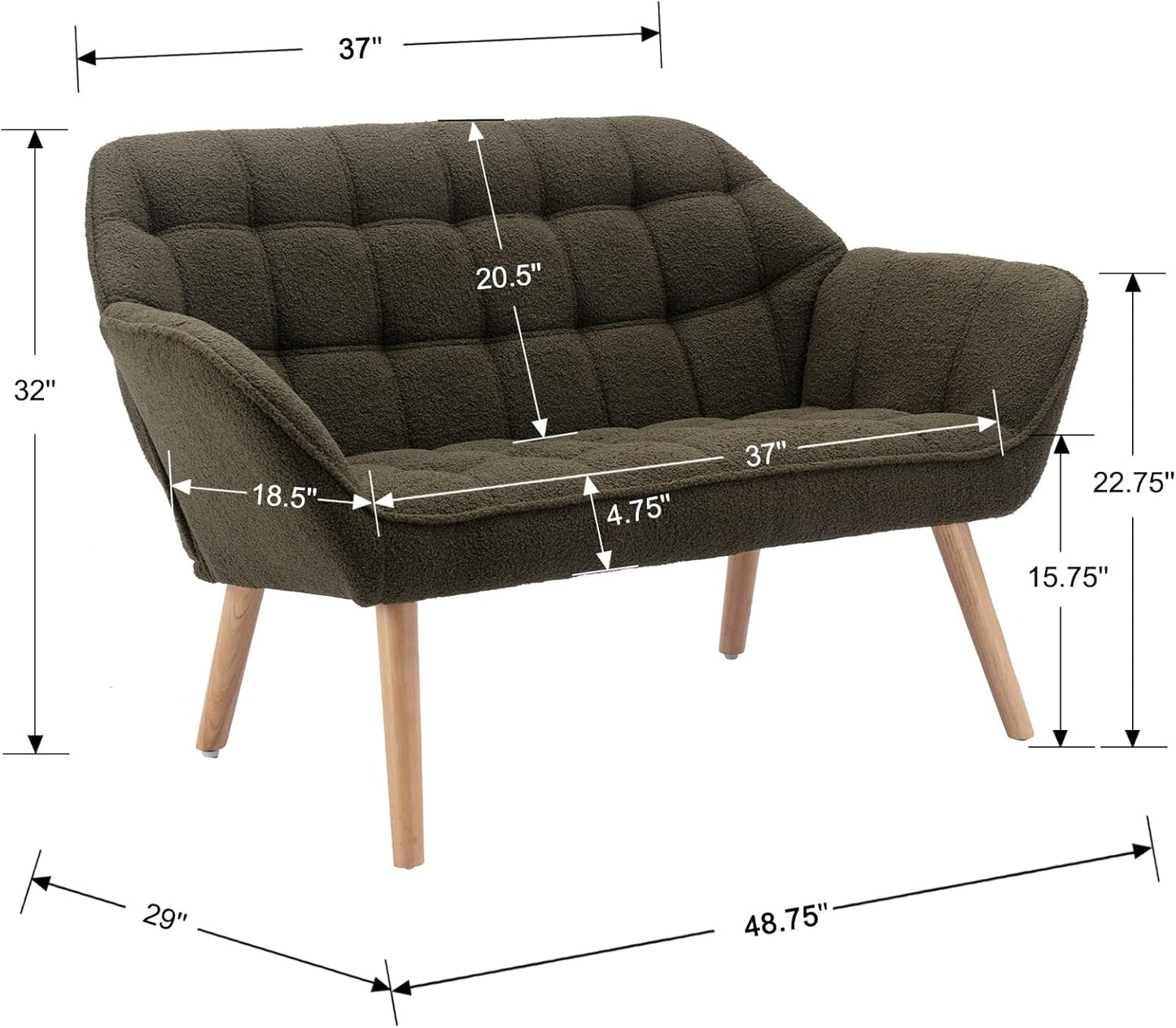 48" Small Loveseat Sofa, Modern Sherpa Mini Sofa Couch 2-Seater Fluffy Love Seat with Quilting Backs and Wood Legs for Living Room, Bedroom and Small Space, Green