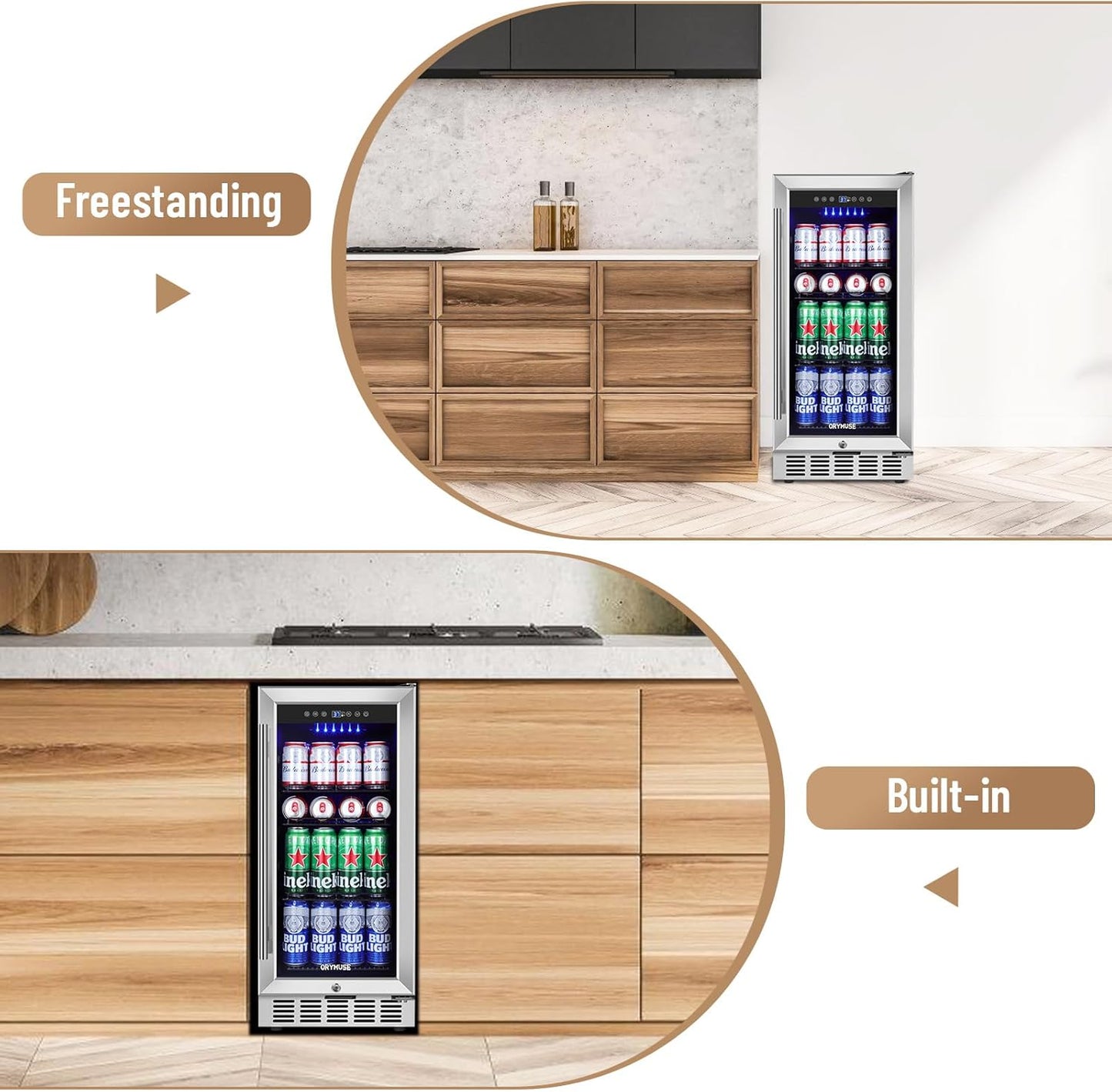 15 Inch Beverage Refrigerator, 130 Can Capacity Under Counter Fridge with Lock & Glass Door, Quiet Built-in or Freestanding Beer Cooler, Powerful Compressor for Fast Cooling
