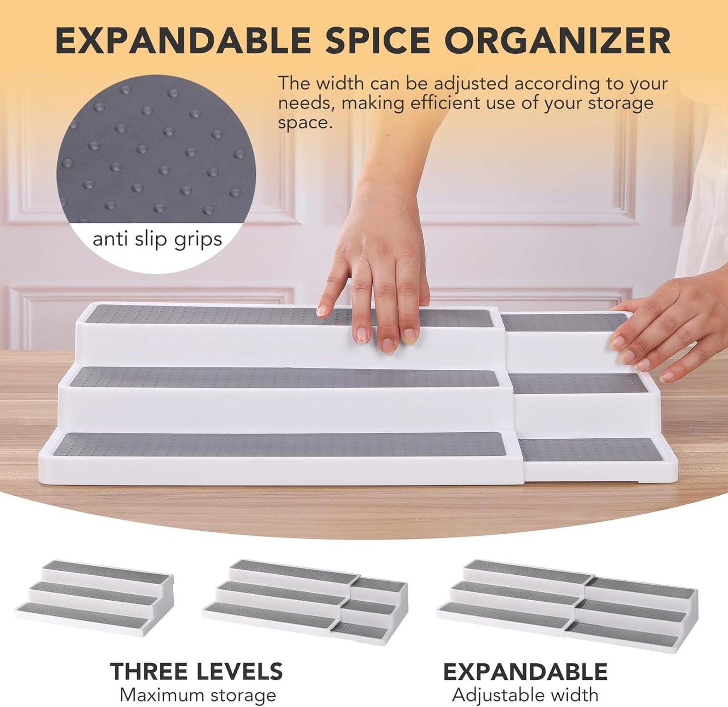 3 Tier Expandable Spice Rack Organizer, White/Grey Plastic Spice Rack, Adjustable Length 14.6In-25.8In, 2 Pack Non-Skid Tiered Spice Shelf Organizer for Kitchen Cabinet, Cupboard, Pantry