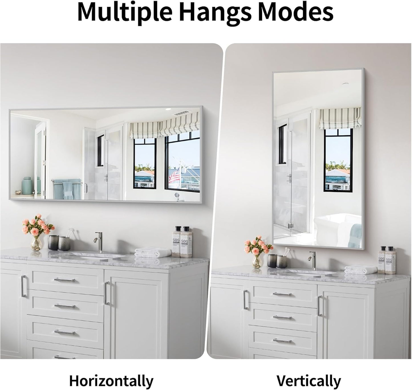 48x24In Silver Bathroom Mirror for Wall, Brushed Nickel Rectangle Mirrors with Metal Frame, Bathroom Rectangular Mirror Modern Wall Mirror for Bedroom Living Room, Hangs Horizontal or Vertical