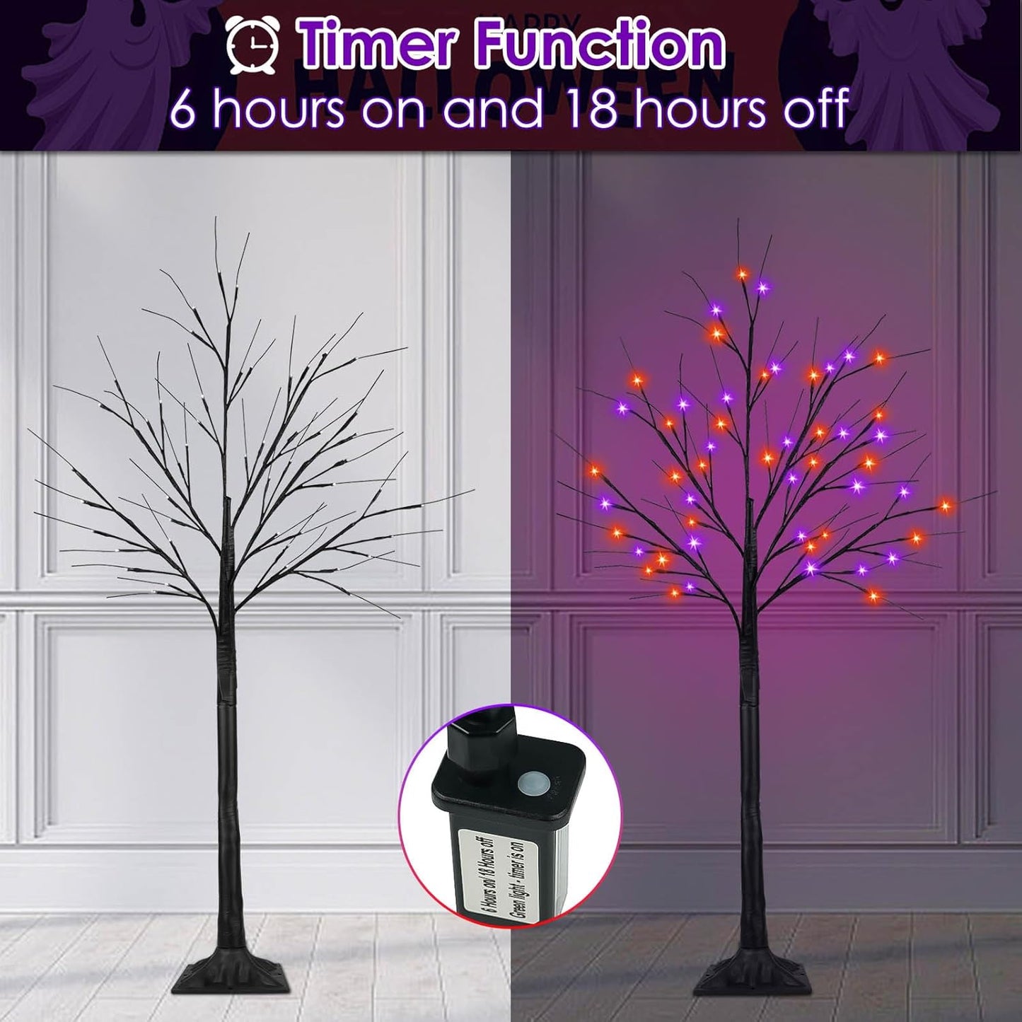 2Pack 4FT 100LED Black Halloween Tree Lights, Timer Function Halloween Trees with Purple and Orange Lights, Spooky Trees Light for Indoor Outdoor Halloween Decorations