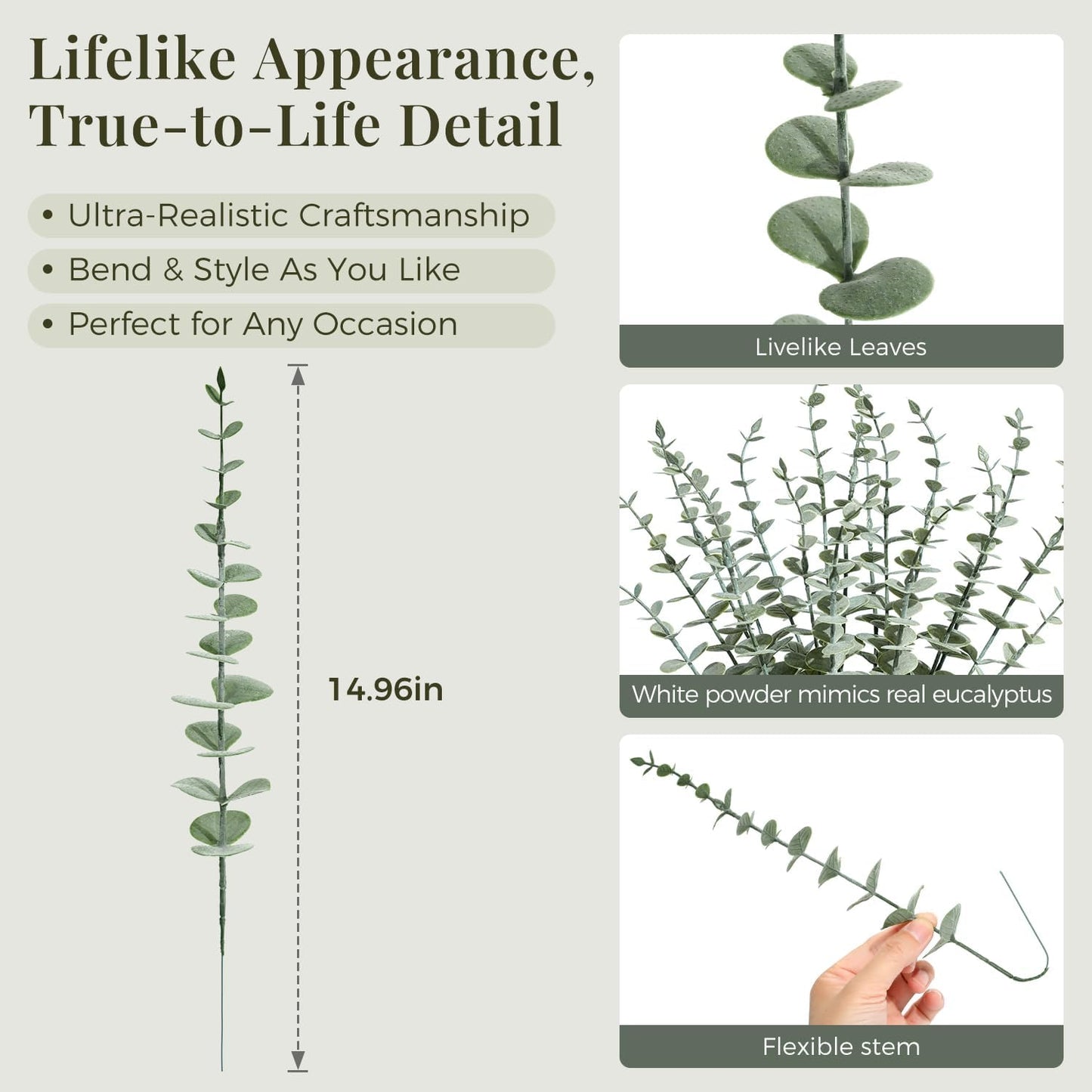 48Pcs Faux Eucalyptus Stems, 15" Artificial Eucalyptus Plants with White Frosted Coating, Fake Eucalyptus Decor Plastic Greenery Leaves for Wedding Bouquets Home Decor DIY Floral Arrangements