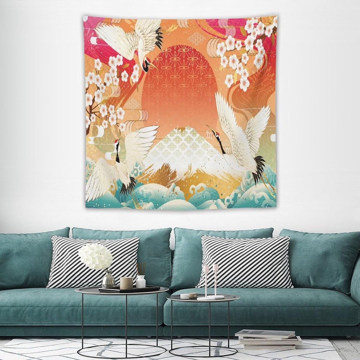 HZOHNAGO Japanese Tapestry Cherry Blossom Crane Sea Wave Fuji Mountain Red Sun Pattern Printed Wall Tapestry Painting Wall Hanging for Bedroom Living Room Dorm 60" W x 60" H