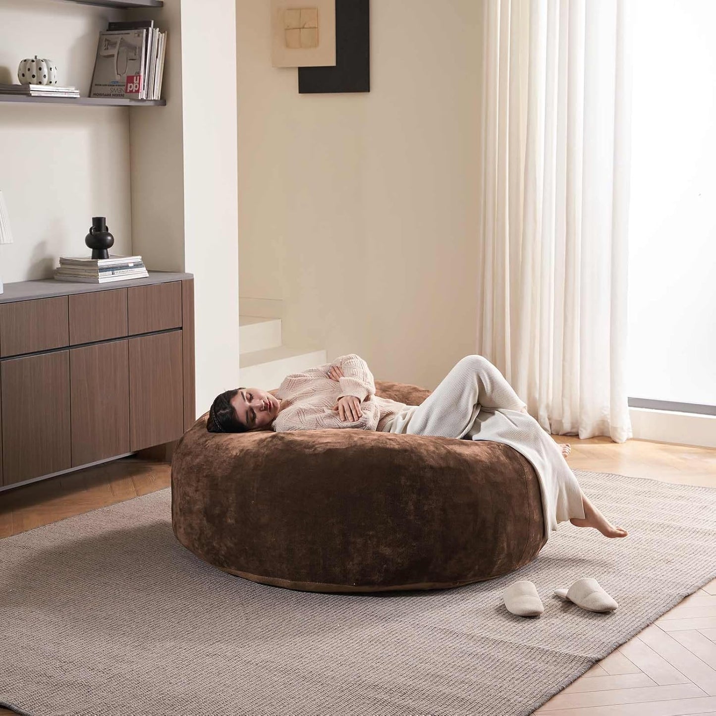 5FT，Big Bean Bag Chairs for Adults，Large beanbag with Filler Included，Memory Foam Material，Easy to Clean and Washable Corduroy Fabric，Suitable for Living Room and Bedroom (Coffee Color, 5 Foot)