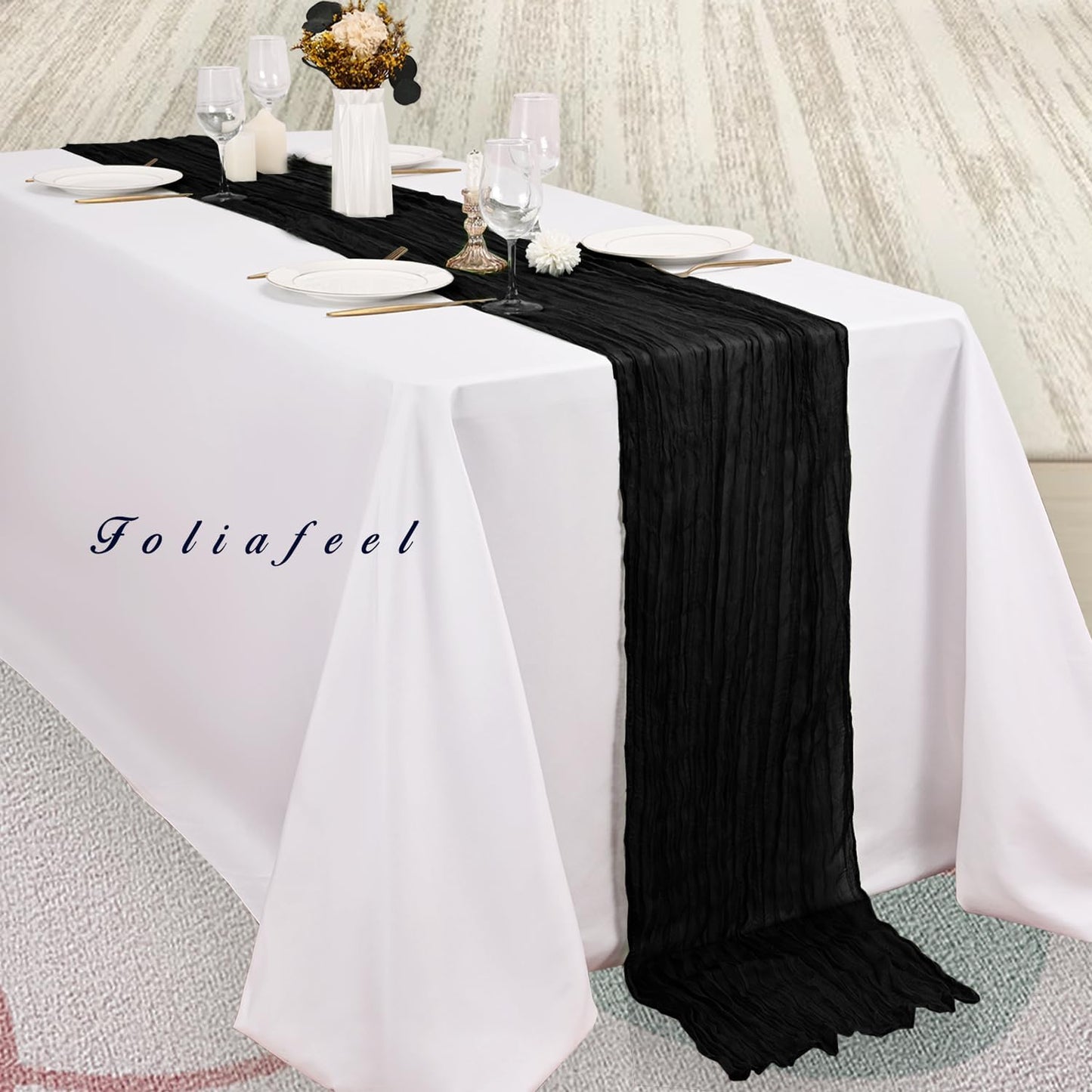 10FT 6 Pack Black Cheesecloth Table Runner 20 x 120 Inch Long Boho Fabric Rustic Cheese Cloth Table Runner for Wedding Bridal Shower Baby Shower Gauze Sheer Birthday Party Table Decorations