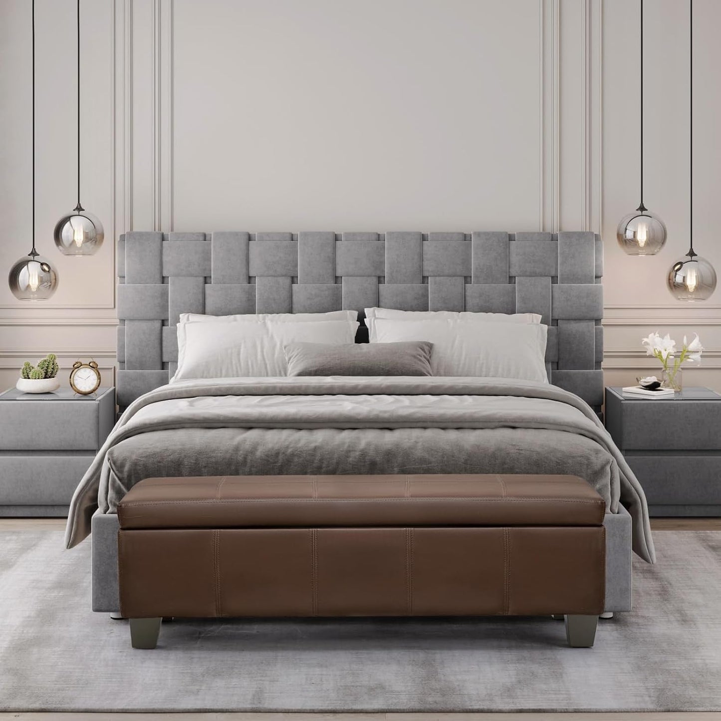 51 Inch Brown Faux Leather Ottoman with Storage, Rectangular Extra Long Bench, End of Bed Bench with Large Storage for Bedroom, Living Room