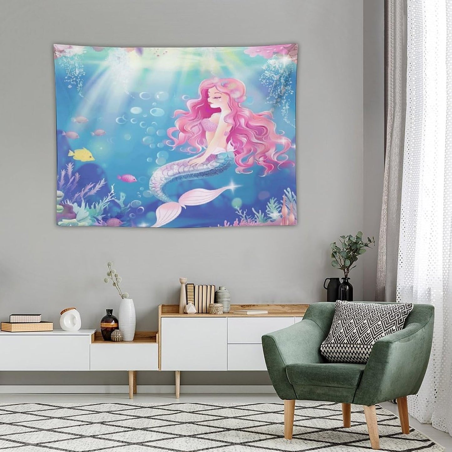 HZOHNAGO Mermaid Girls Tapestry Watercolor Mermaid Princess Pink Hair Pattern for Kids Room Decoration Printed Wall Tapestry Wall Hanging for Bedroom Living Room Dorm 40" W x 30" H