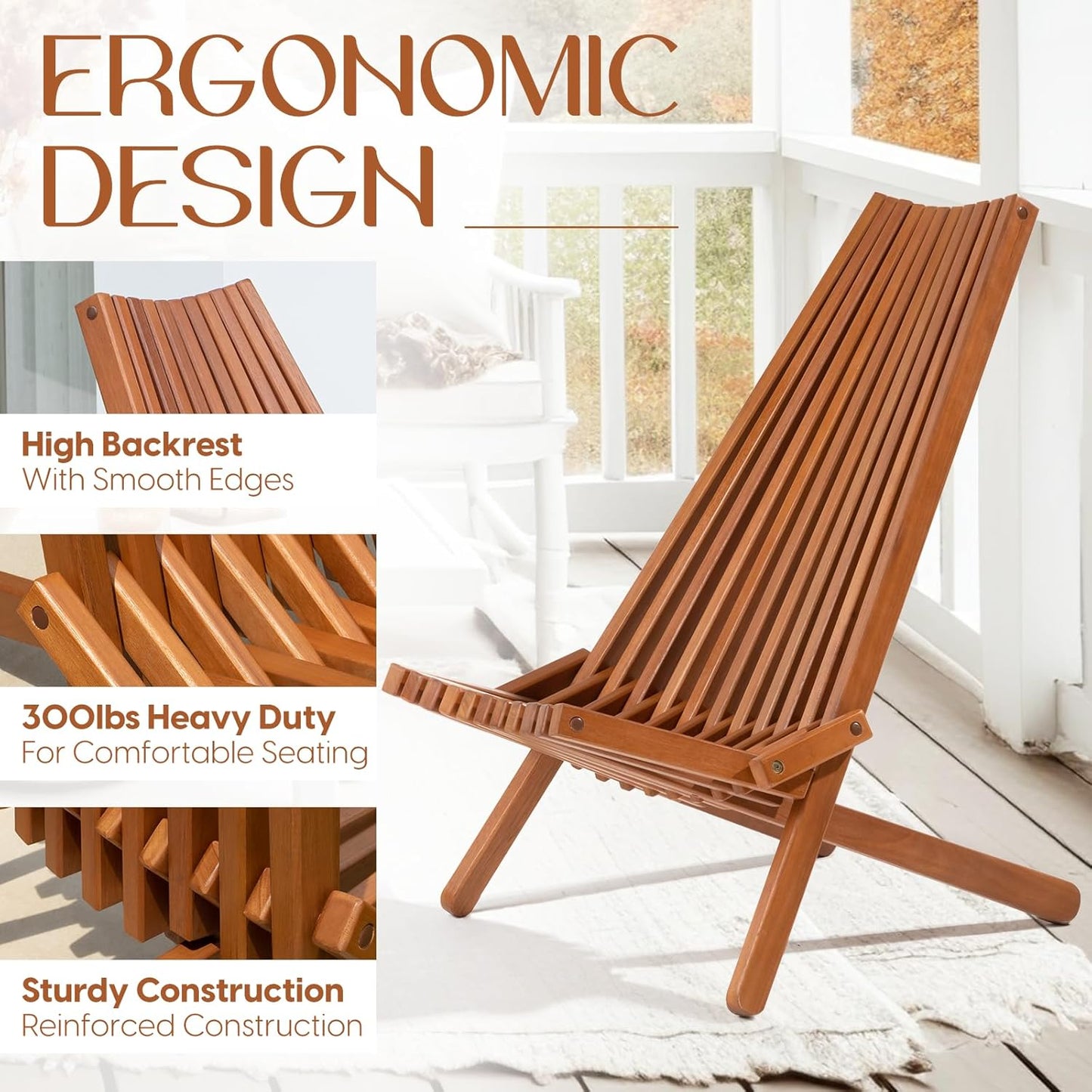IDZO Elina FSC Eucalyptus Tamarack Chairs, 22.5x31.5x36 in, Weatherproof Wood, Lightweight 19 lb Design, Folding High-Backrest, Natural Finish – Ideal for Patio Furniture Set or Outdoor Furniture
