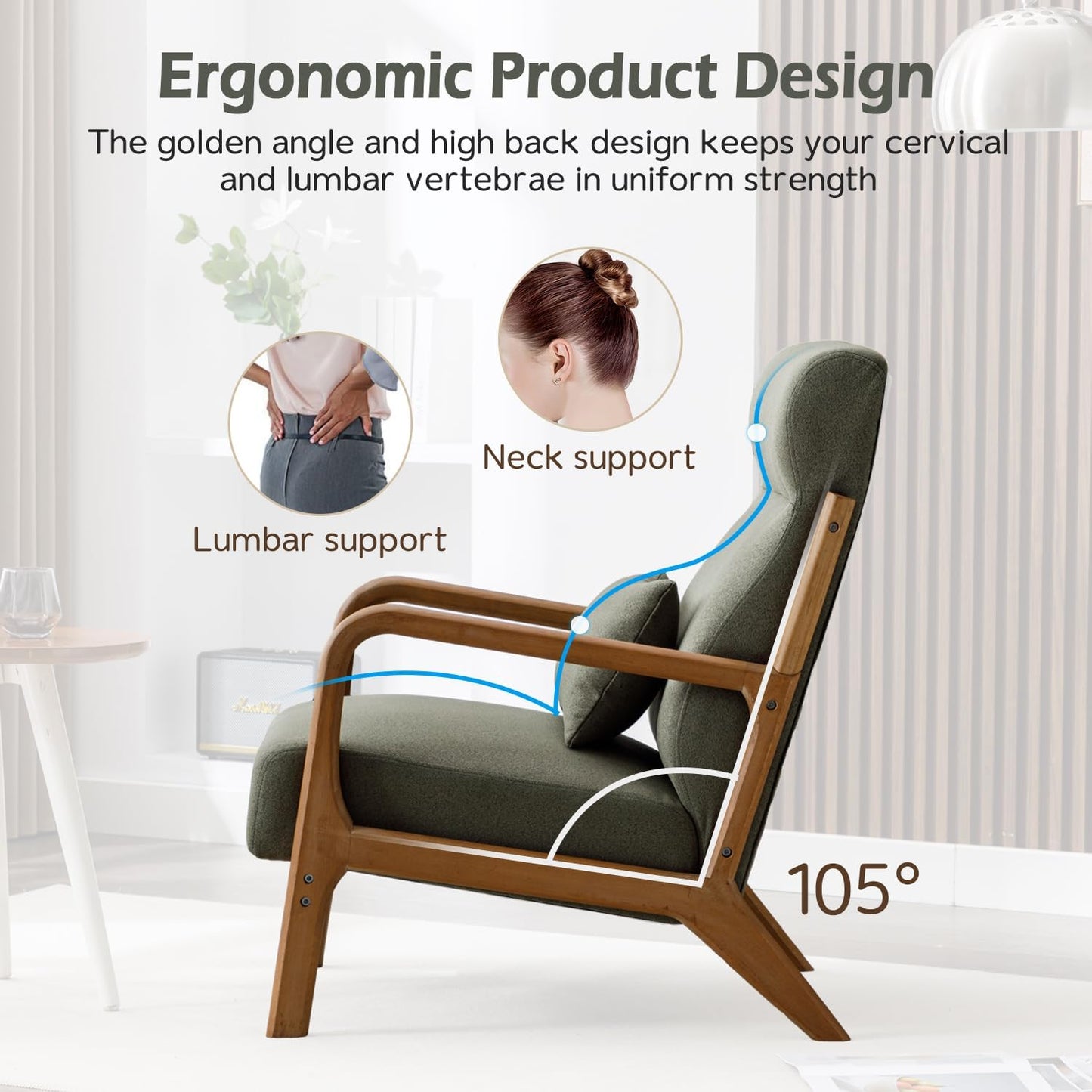 INZOY Mid Century Modern Accent Chair Set of 2, High Back Reading Armchair with Wood Frame, Upholstered Living Room Chairs with Waist Cushion, Single Lounge Arm Chair for Bedroom Sunroom, Green