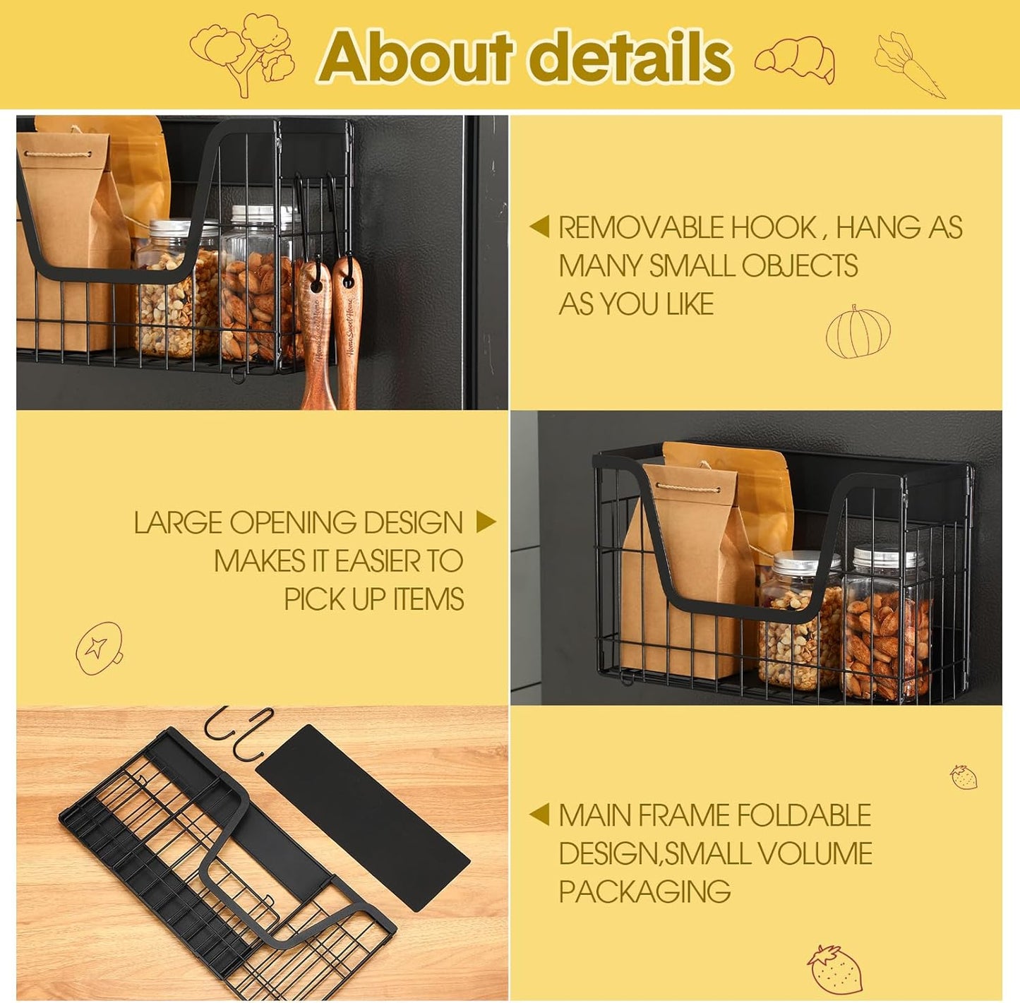 2 Pack Magnetic Shelf for Fridge Fruit Storage Container Fridge Magnetic Baskets Fruit Potato Onion Storage Bins, Pantry Organizer Refrigerator, Kitchen Counter, Cabinet, 12.4 x 7.9 x 5 Inch