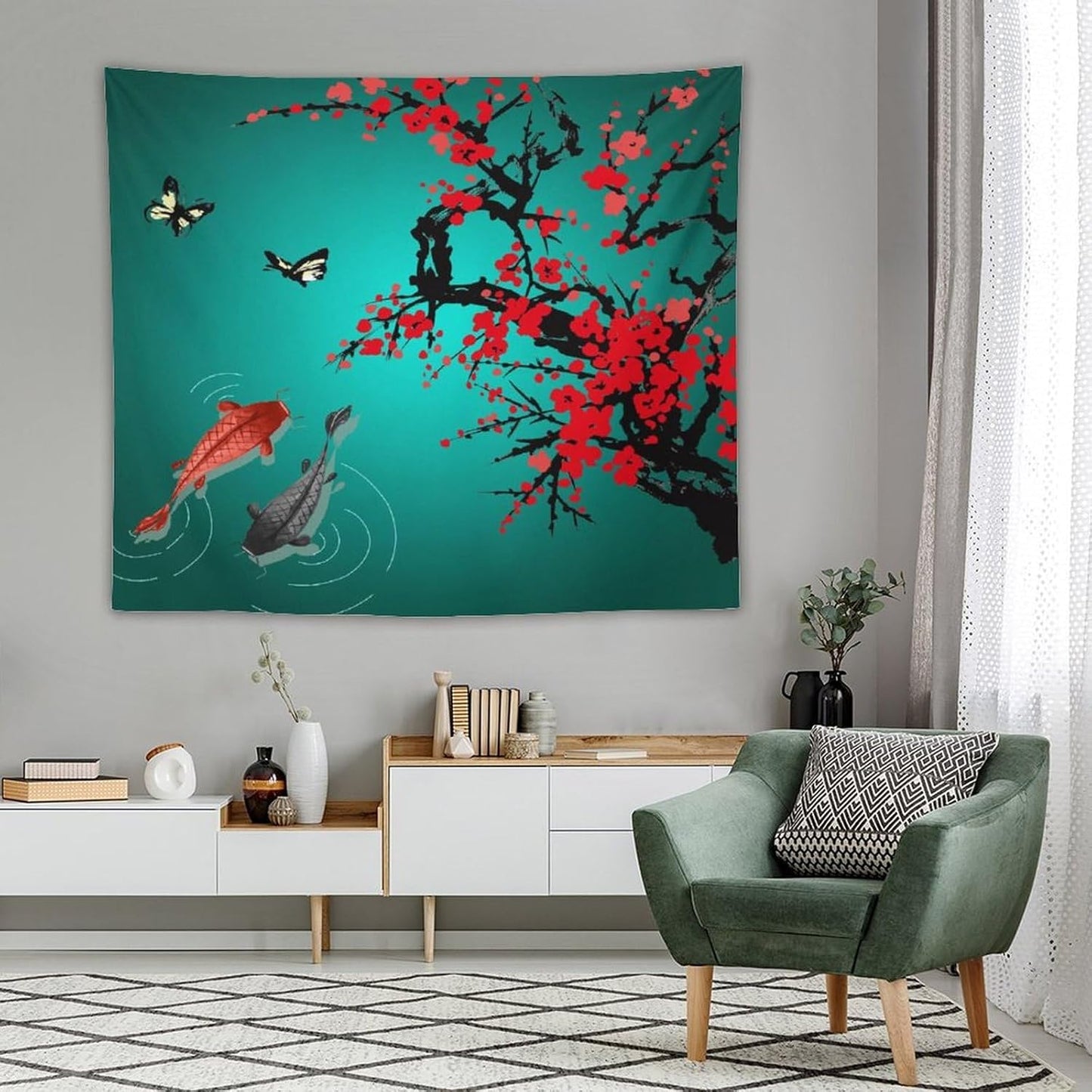 Houselerax Japanese Koi Fish Tapestry, Cherry Blossoms Asian Oriental Green Teal Floral Branch Koi Fish Carp Tapestries Wall Hanging for Bedroom Living Room Office Decor 60"x50"