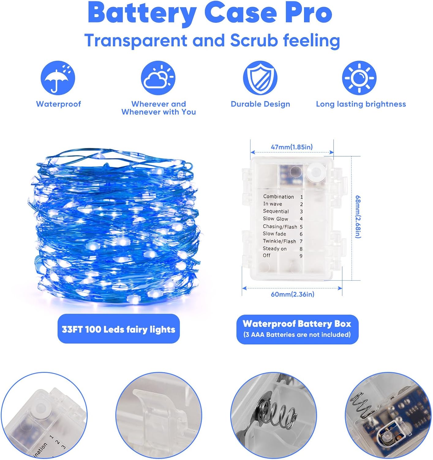 2 Pack 32.8 Ft. Battery Operated Outdoor String Lights with Remote & Timer, LED Blue Fairy Lights, Waterproof Twinkle Lights for Bedroom, Dorm, Mason Jar, Wedding, Party, Christmas