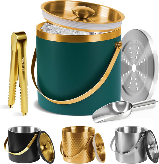 Ice Bucket, Green Ice Bucket 3L with Silicone Sealing Ring Double-Wall Vacuum Insulation Champagne Buckets with Filter Layer Ice Tongs Ice Scoop (Green, 3 L)