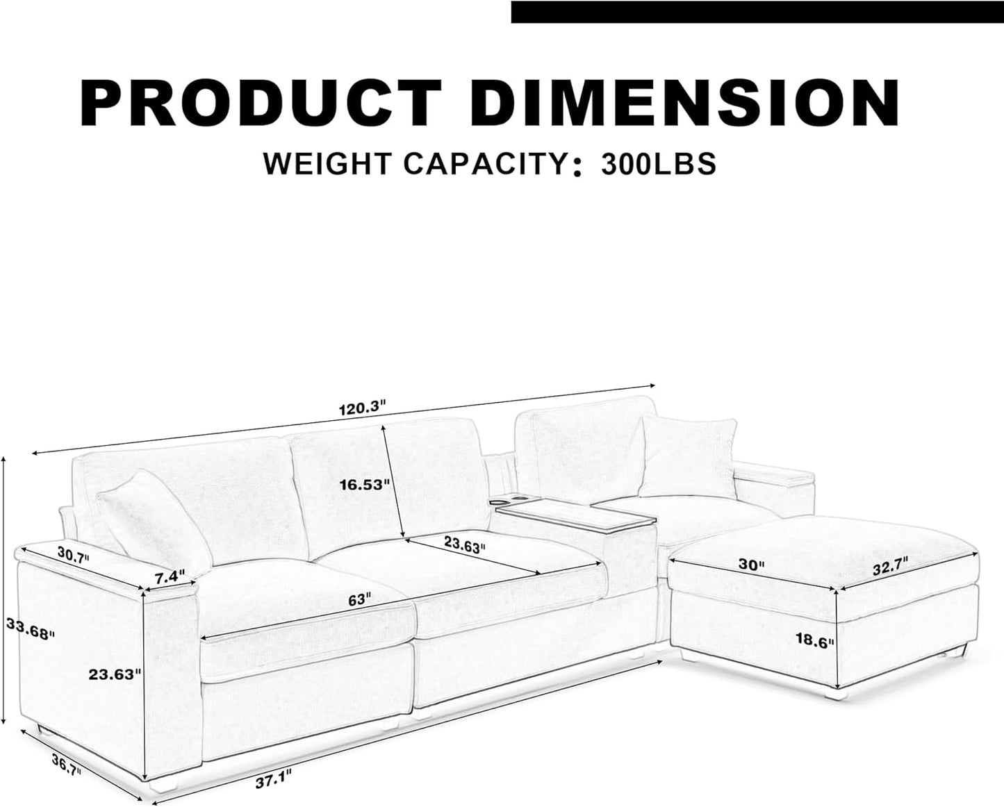 120.3" Modern L-Shaped Sectional Sofa with 360°Swivel Drop-Down Table, Storage Armrest, USB Ports & Movable Storage Ottoman – Plush Linen Cloud Couch for Lounge (Black)
