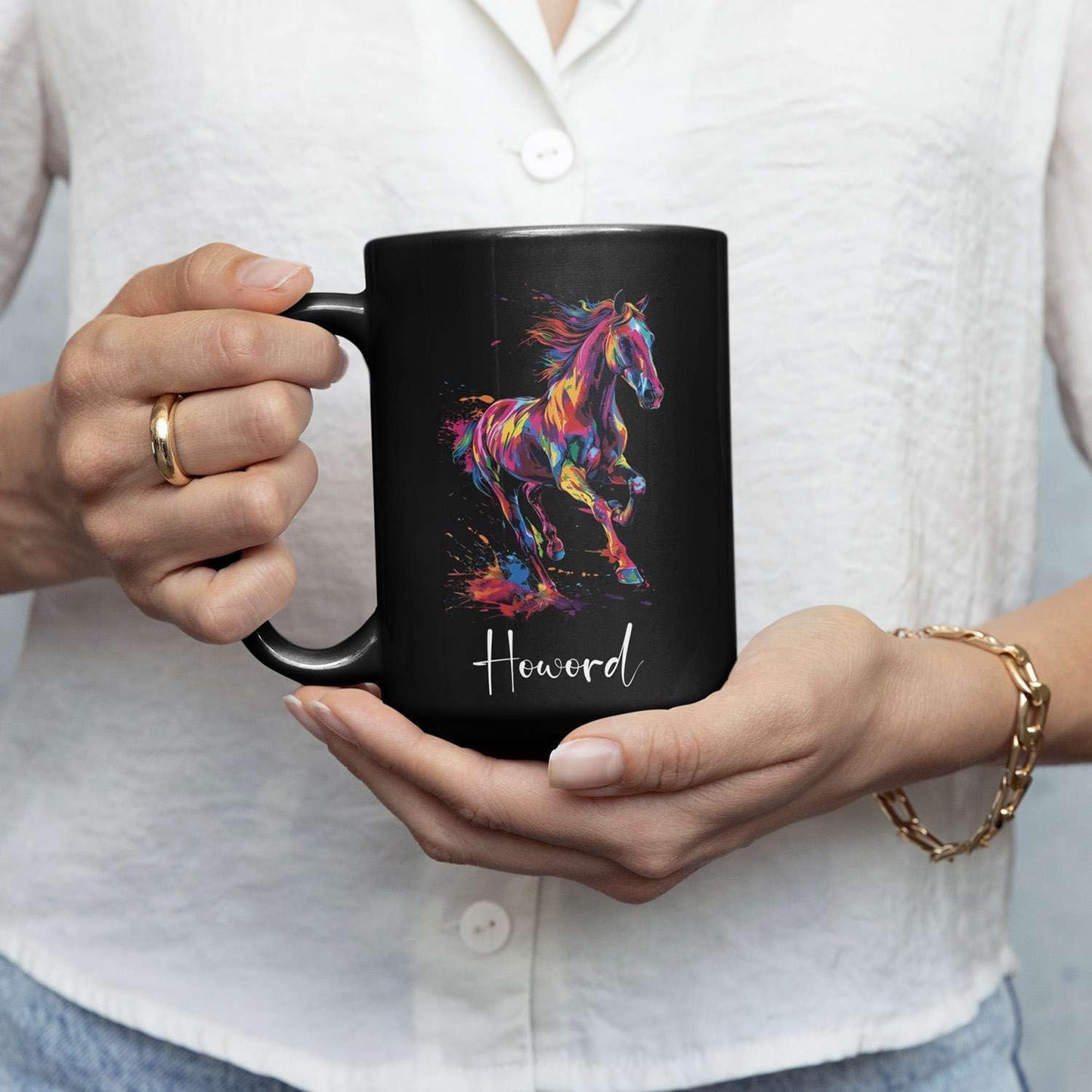 Horse Animal Themed Coffee Mug, Personalized Name Horse Black Cup, Gift For Men Women, Colorful Horse Design Mug, Customized Horse Animal Cup 11oz 15oz, Custom Horse Ceramic Mug
