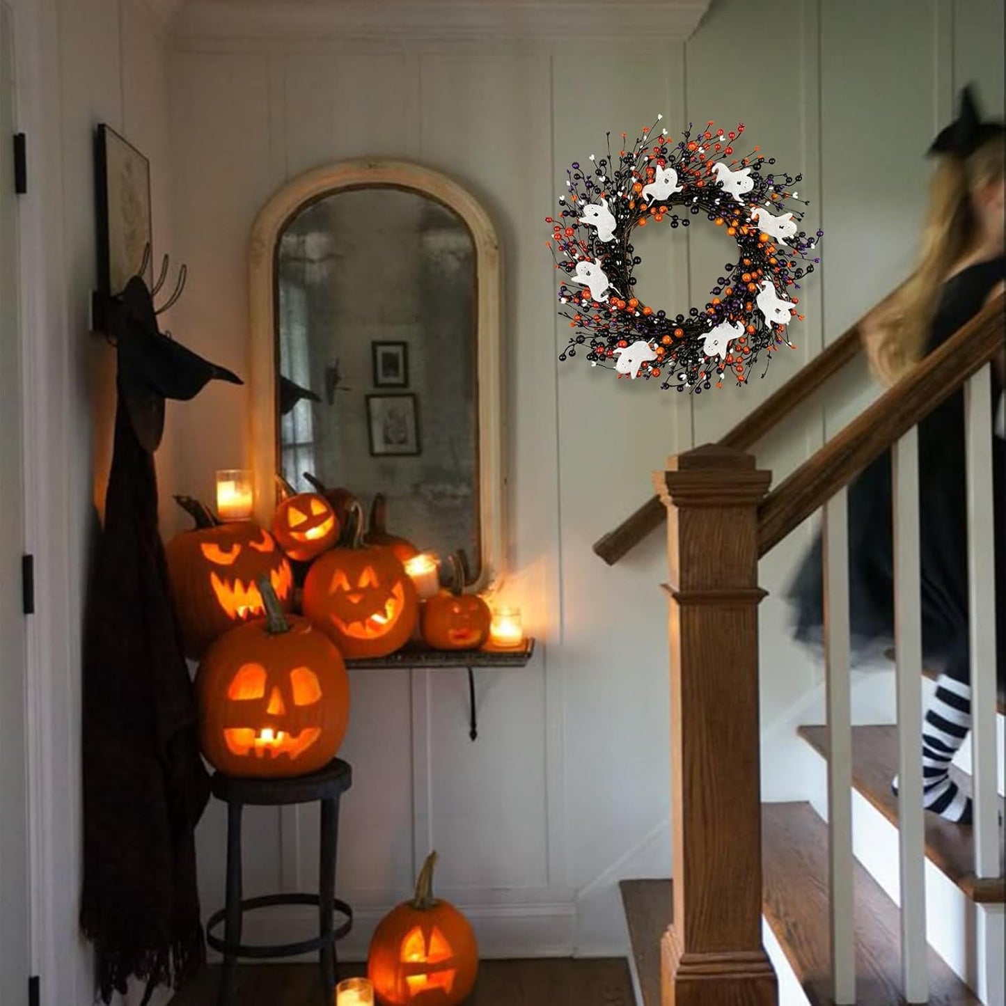 20-Inch Halloween Wreath - Handmade Orange & Black Berry Wreath with Adorable Mini Ghosts, Spooky Front Door Decor for Halloween Party