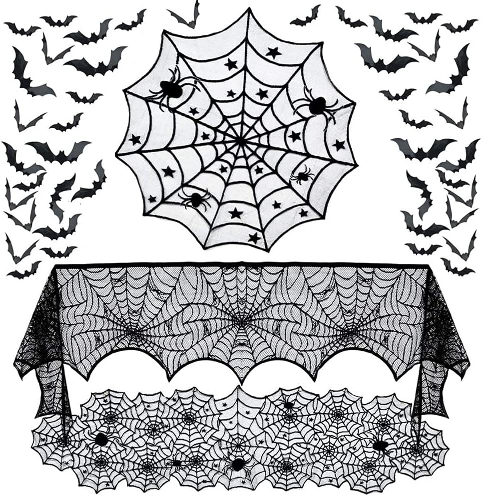 Hommtina 4 Pack Halloween Decorations Tablecloth Runner Black Lace Round Spider Cobweb Table Cover Fireplace Mantel Scarf Spiderweb with 60 Pcs 3D PVC Scary Black Bat Sticker Halloween Party Supplies