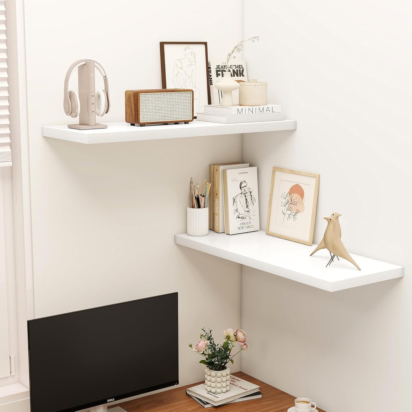 36" Floating Shelves for Wall, 12" Deep Slim White Floating Shelves, Wall-Mounted Shelves for Bedroom, Living Room, Kitchen, Bathroom - Set of 2