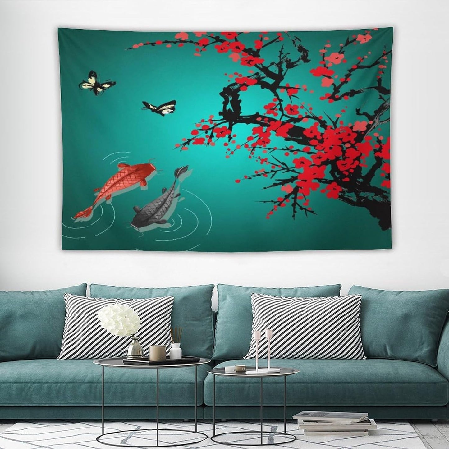 Houselerax Japanese Koi Fish Tapestry, Cherry Blossoms Asian Oriental Green Teal Floral Branch Koi Fish Carp Tapestries Wall Hanging for Bedroom Living Room Office Decor 60"x40"