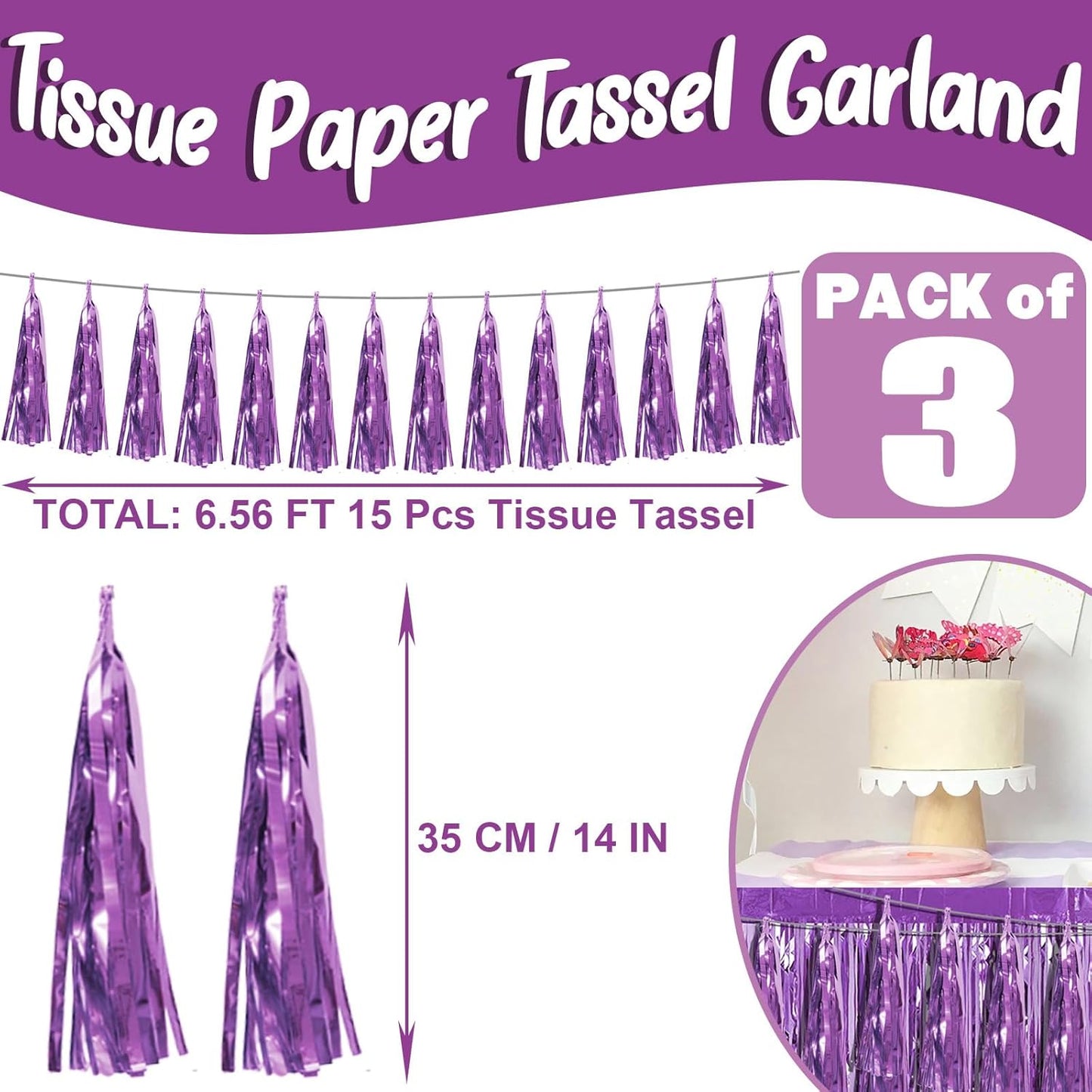 3P Light Purple Foil Fringe Metallic Tassel Streamers Banner Tassel Garland for Parade Floats, Bachelorette, Wedding, Birthday, Halloween, Christmas, Bridal/Baby Shower Party Decorations