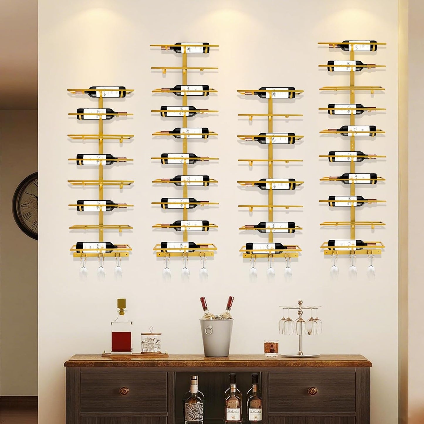 20 Bottle Wall Mount Wine Rack with Wine Glass Holder, Metal Wine Wall Rack, Wall Racks for Wine Bottles Display and Storage, Hanging Bottle Organizer for Living Dining Room Wine Cellar Bar (Gold)