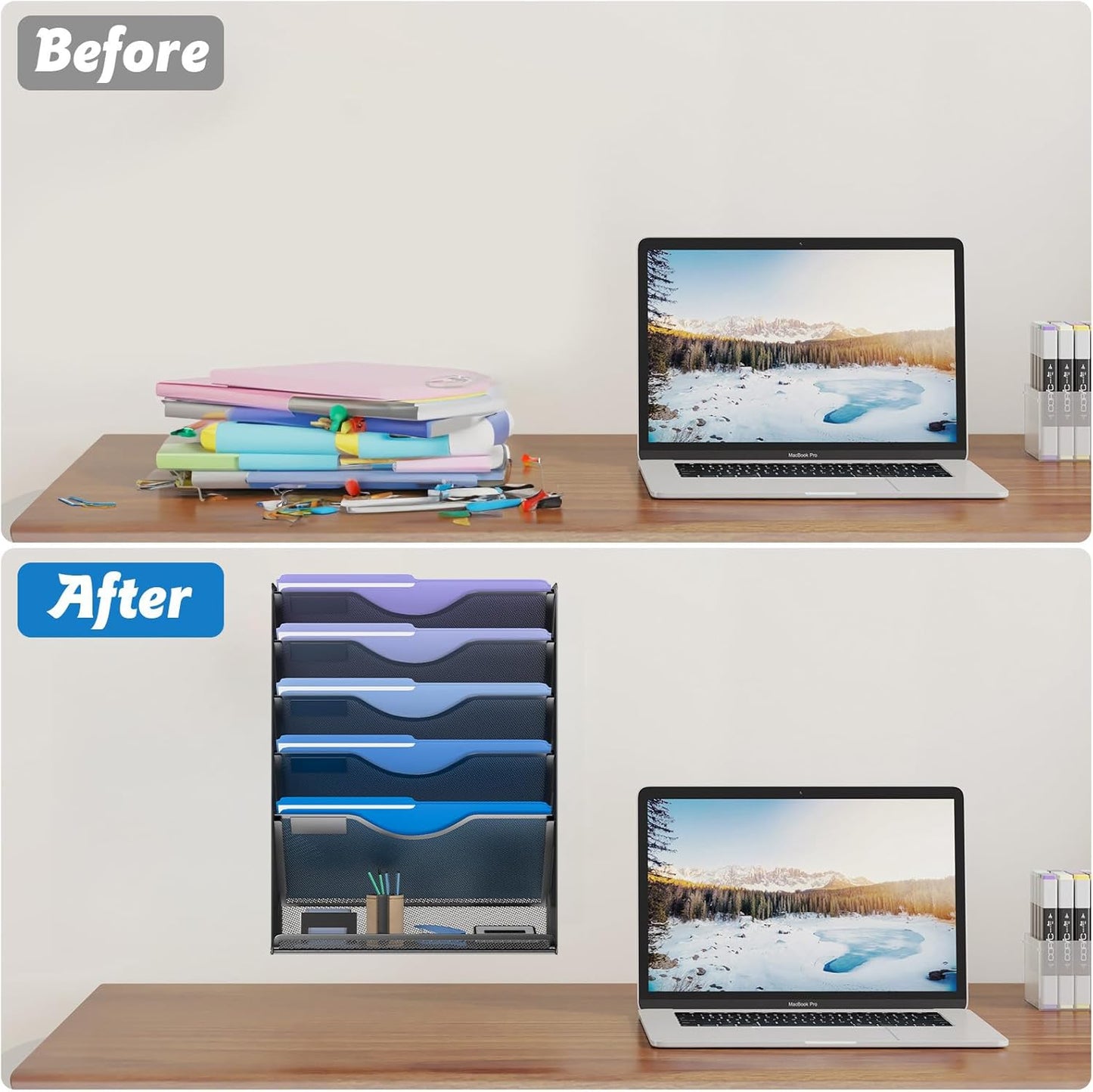 6 Tier Hanging File Organizer, Mesh Wall File Holder Paper Folder Rack with Bottom Flat Tray for Office Home, Black