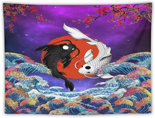Houselerax Japanese Koi Fish Tapestry, Yin Yang Big Wave Cherry Blossom Tapestries Wall Hanging for Bedroom Living Room Office Decor 40"x30"