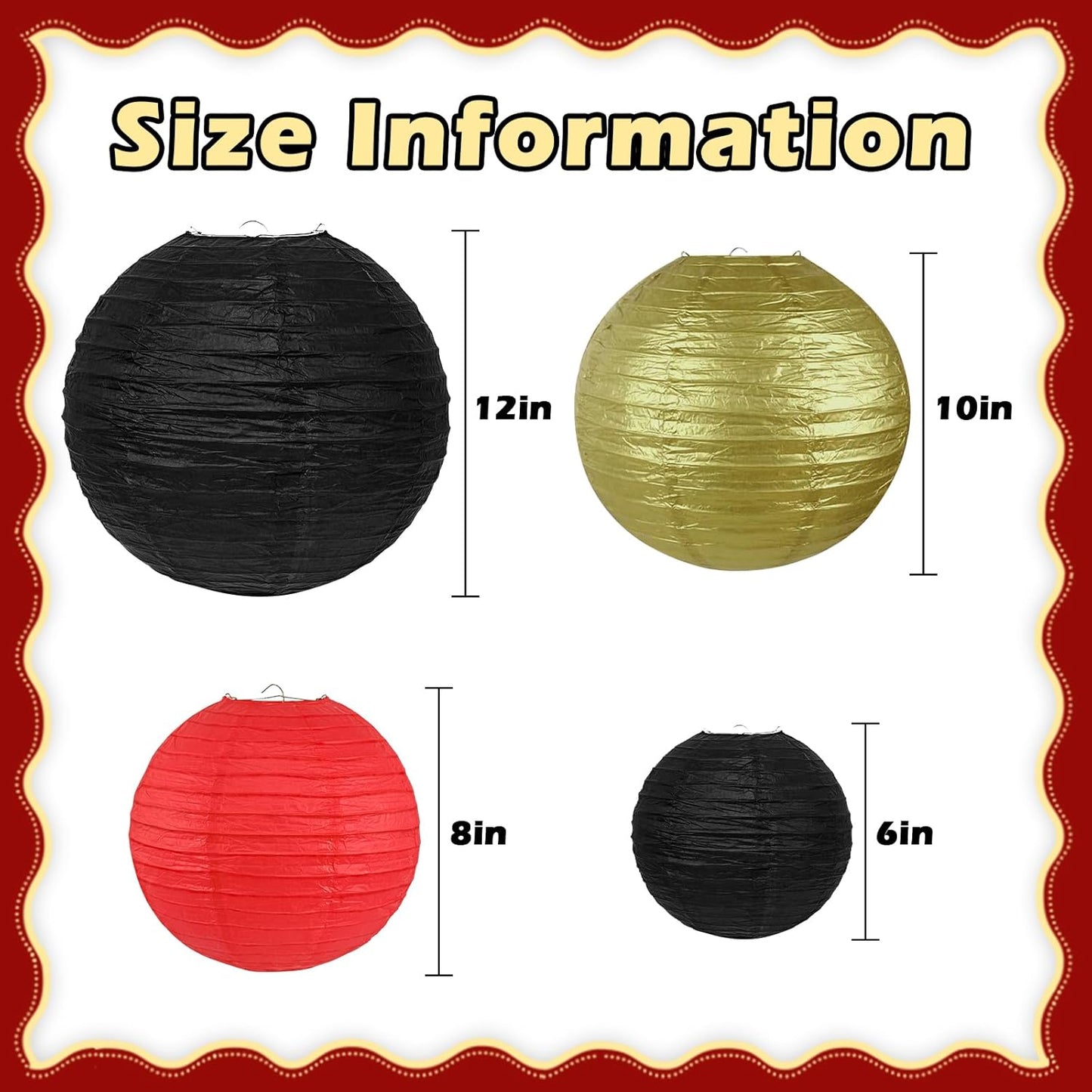 12Pcs Round Paper Lanterns Assorted Sizes (6" 8" 10" 12") for Home Decor, Wedding, Birthday, Hibachi Party, Casino Theme Party Decorations, Hanging Chinese Japanese Paper Lamps (Black Red Gold)