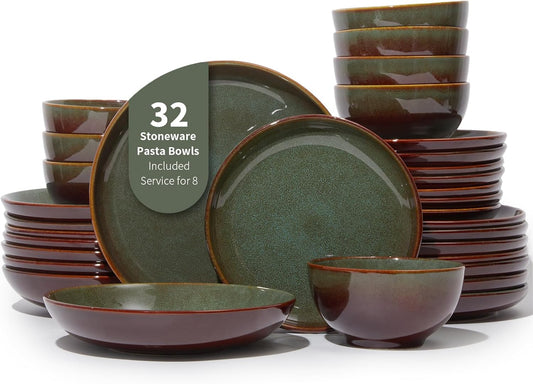 32 Piece Double Bowl Dinnerware Sets with Pasta Bowls, Highly Chip and Crack Resistant Plates and Bowls Sets, Natural Earthyware Ceramic Dishware Sets, Service for 8 Brown Green