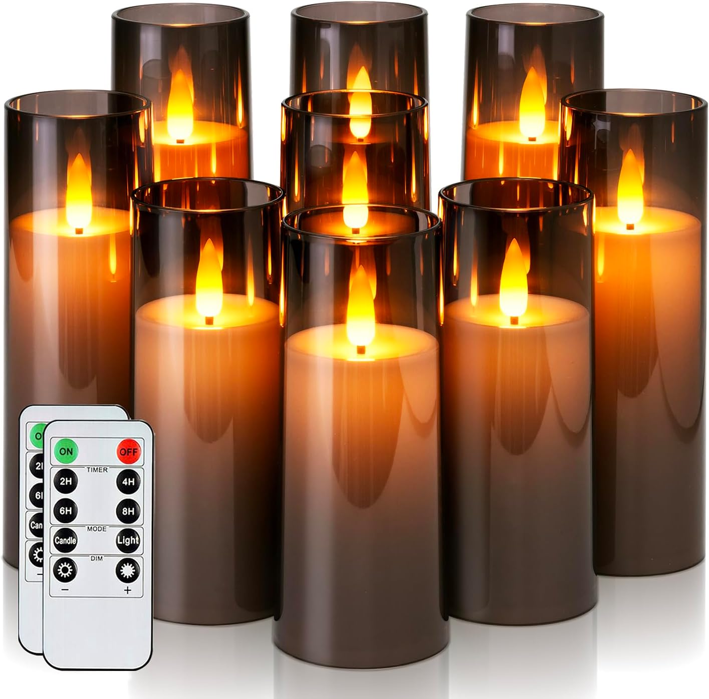Homemory Decorative Flameless Candles, Battery Operated Candles with Remote & Timer, Flickering Led Pillar Candles, Plexiglass, Grey, Pack of 9, D2.2 xH 5" 6" 7"