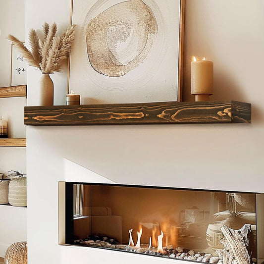 48x8x3 Fireplace Mantel - Handcrafted Hollow Rustic Solid Wood Wall Mounted Floating Shelf with Invisible Heavy Duty Wood Bracket (Weathered Brown)