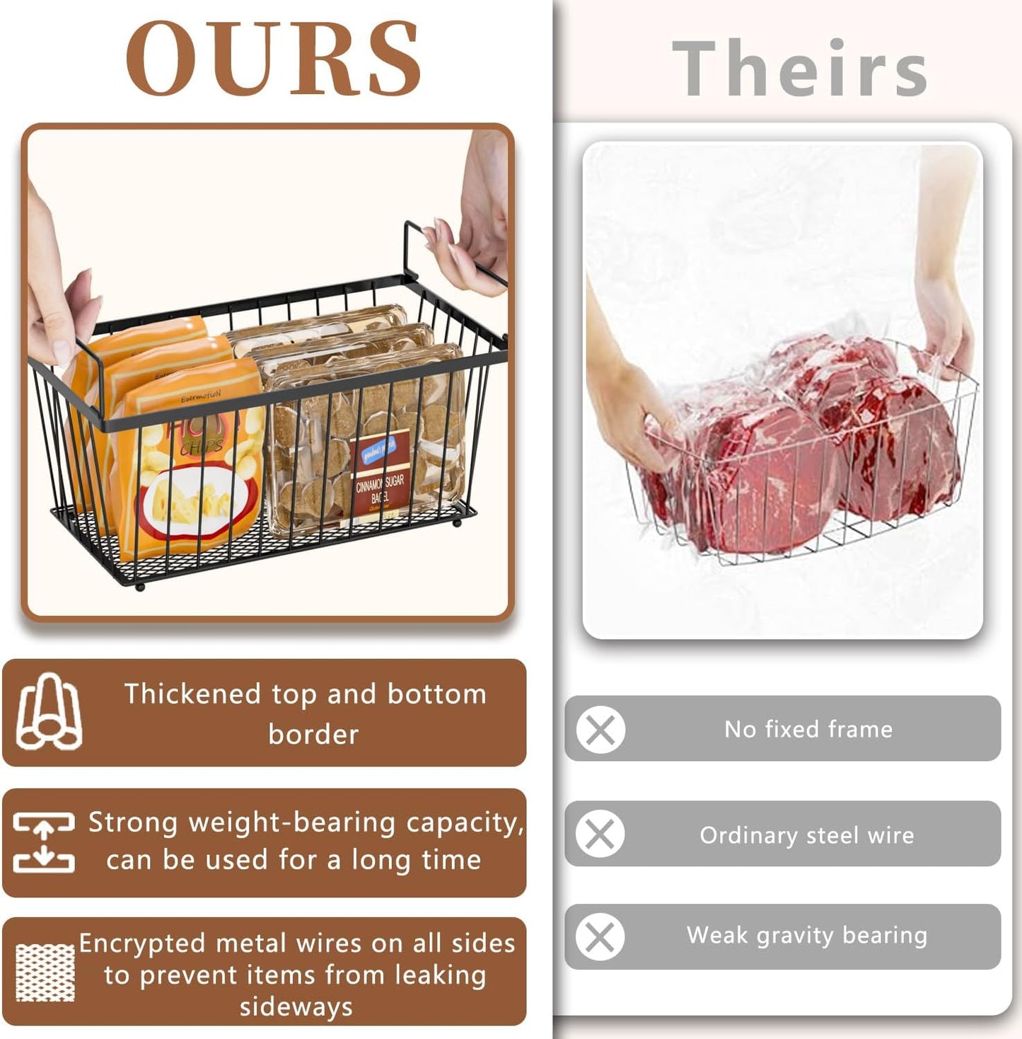 6 Pack Stackable Deep Freezer Organizer Bins ，Upgraded Bottom Leak-Proof net，Encryption and Hardening ， Freezer Organizer Bins for 5 to 9 Cu.FT Small Chest Freezer， Easy Get Bottom Foods