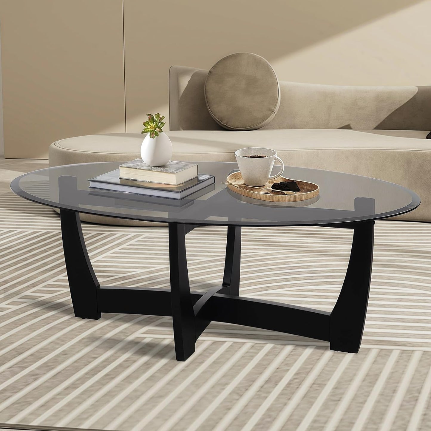 48" Oval Glass Coffee Table with Black Tempered Glass Top Cross and Solid Wood Base Simple & Modern Center Table for Living Room Office Apartment Black