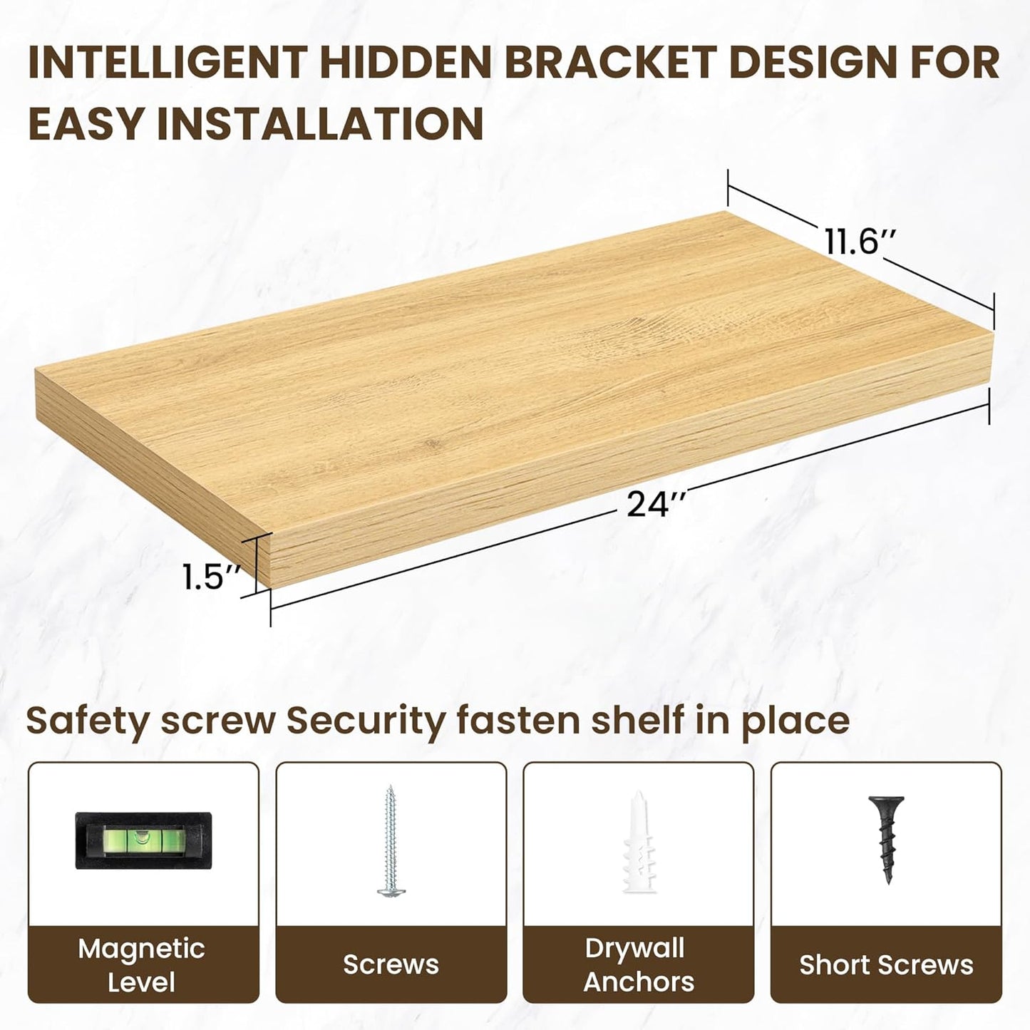 24 Inch Floating Shelves, 11.6 Inch Deep Floating Shelves for Wall, Floating Shelf with Invisible Brackets, Deep Shelves for Bathroom, Bedroom, Living Room, 2 Pack, Natural