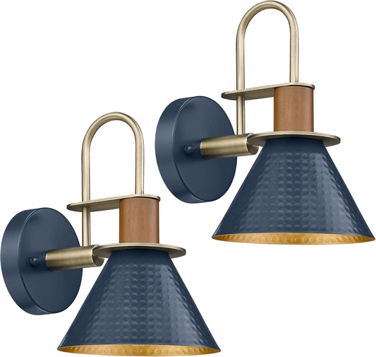 Industrial Wall Sconces Set of Two, HWH Indoor Wall Sconce 1-Light Barn Vanity Light, Gooseneck Wall Lamp for Bathroom Bedroom Bedside Kitchen, Hammered Metal Shade, Navy Blue Finish, 5HZG74B-2 BL+BG