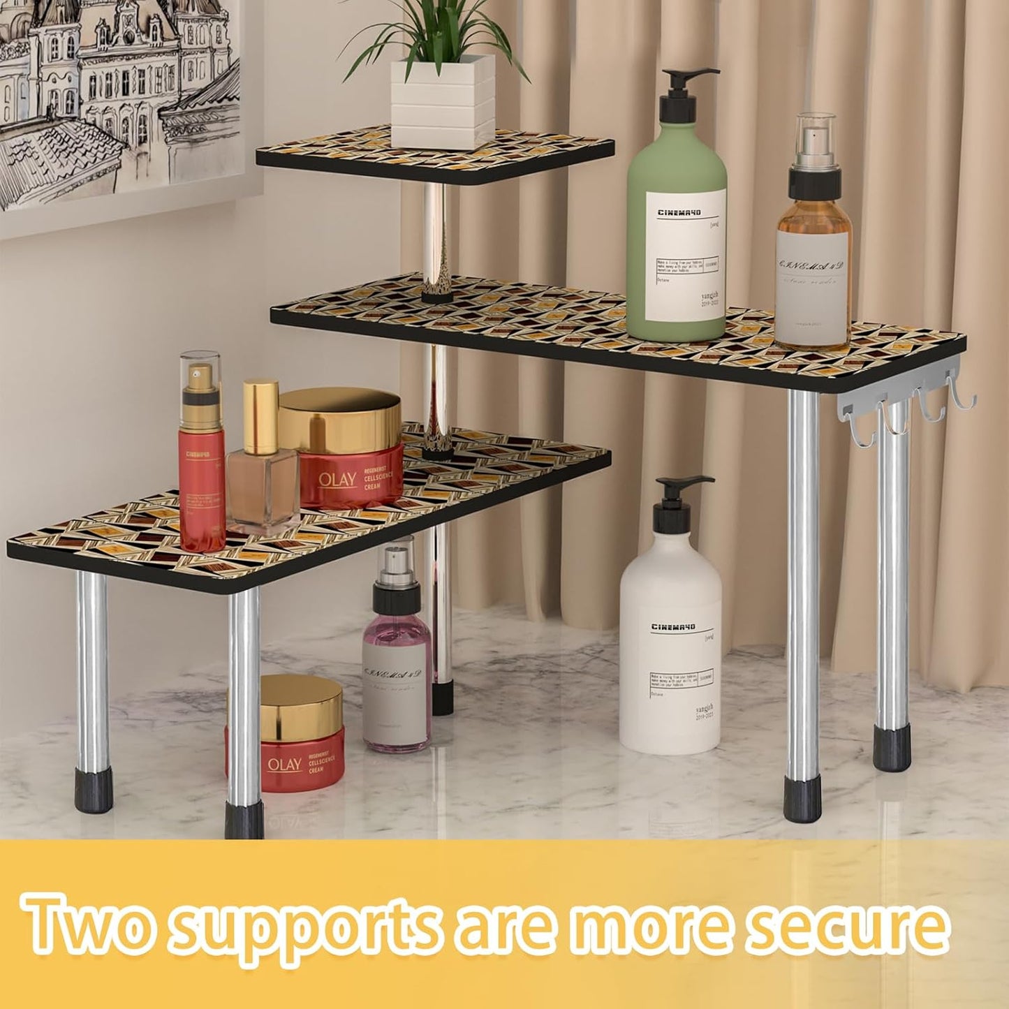 HYNAWIN 3-Tier Countertop Shelf,Desktop Storage and Organization,Bamboo Corner Shelf Over the Table With Printed Pattern-Adjustable Rack with Double Legs for Kitchen,Bed Room, Office