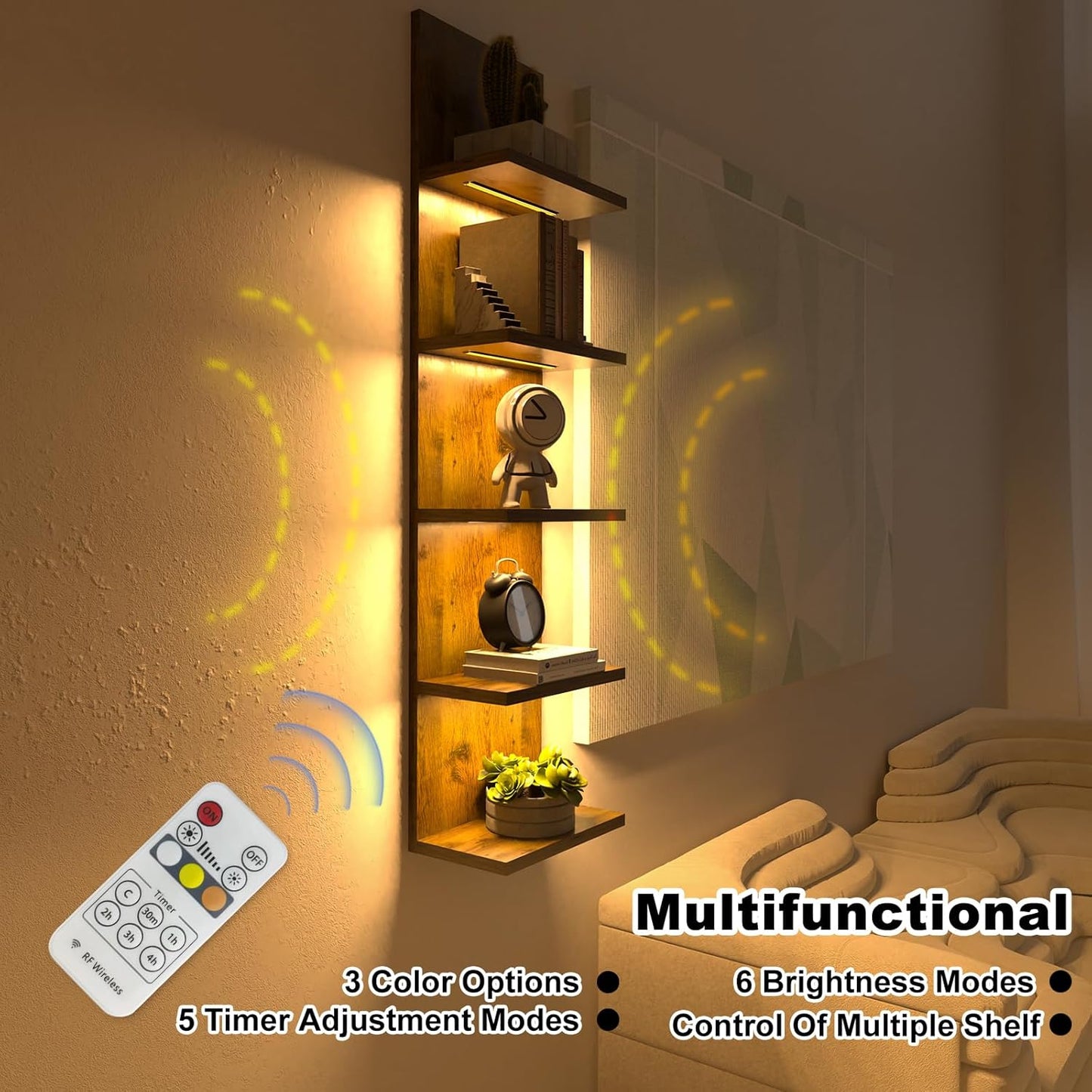 5 Tier Wall Shelf Unit, Modern Vertical Lack Wall Shelves with Light, Wall Mount, Floating Column Home Decor Shelves for Bedroom, Living Room, Vanity Storage Display(Dark Brown)