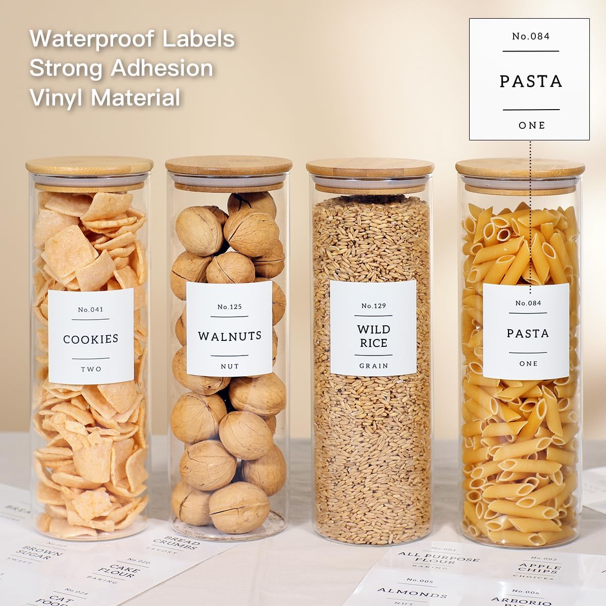 4 Pack Glass Jar with Airtight Wood Lid and White 132 Kichen Pantry Labels Preprinted - 38 Oz Clear Round Glass Food Storage Containers set For Cereal Rice Sugar