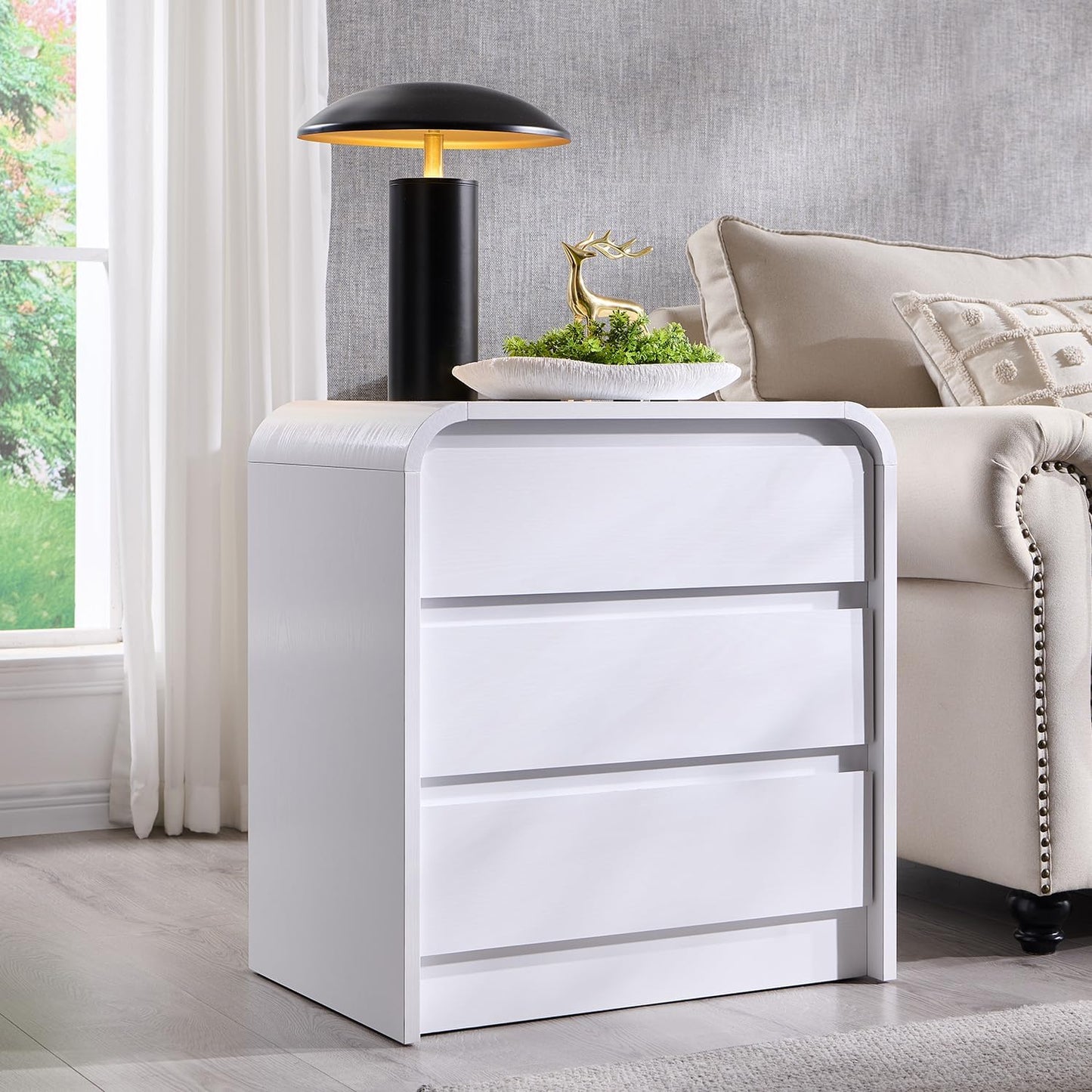 25" Tall Modern Nightstand with Charging Station, 23.6'' Wide Wood Bedside Table w/3 Storage Drawers, Small Dresser w/Curved Profile Design, End Table for Bedroom, White