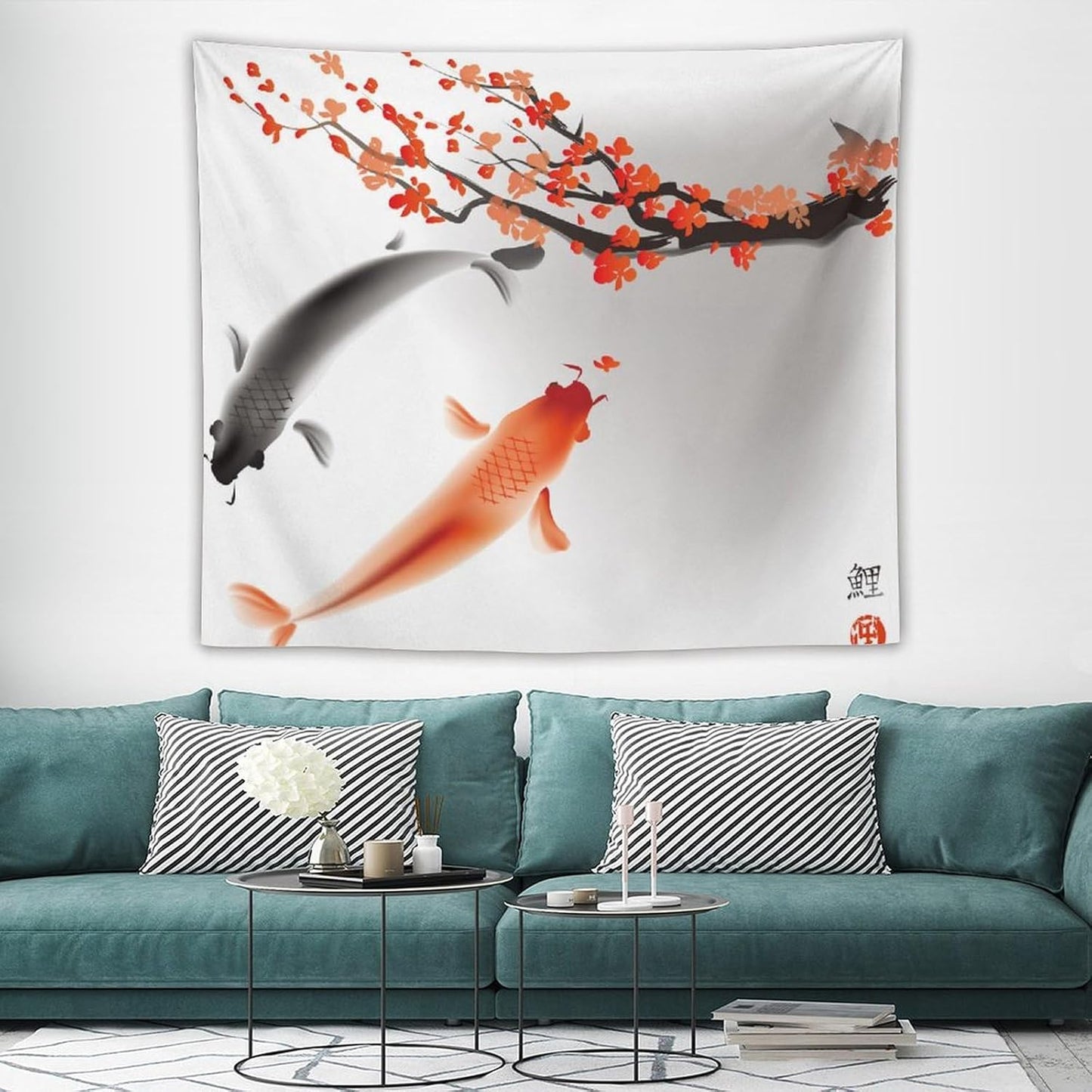 Houselerax Japanese Koi Fish Tapestry, Cherry Blossoms Asian Oriental Flower Branch Koi Fish Carp Tapestries Wall Hanging for Bedroom Living Room Office Decor 60"x50"